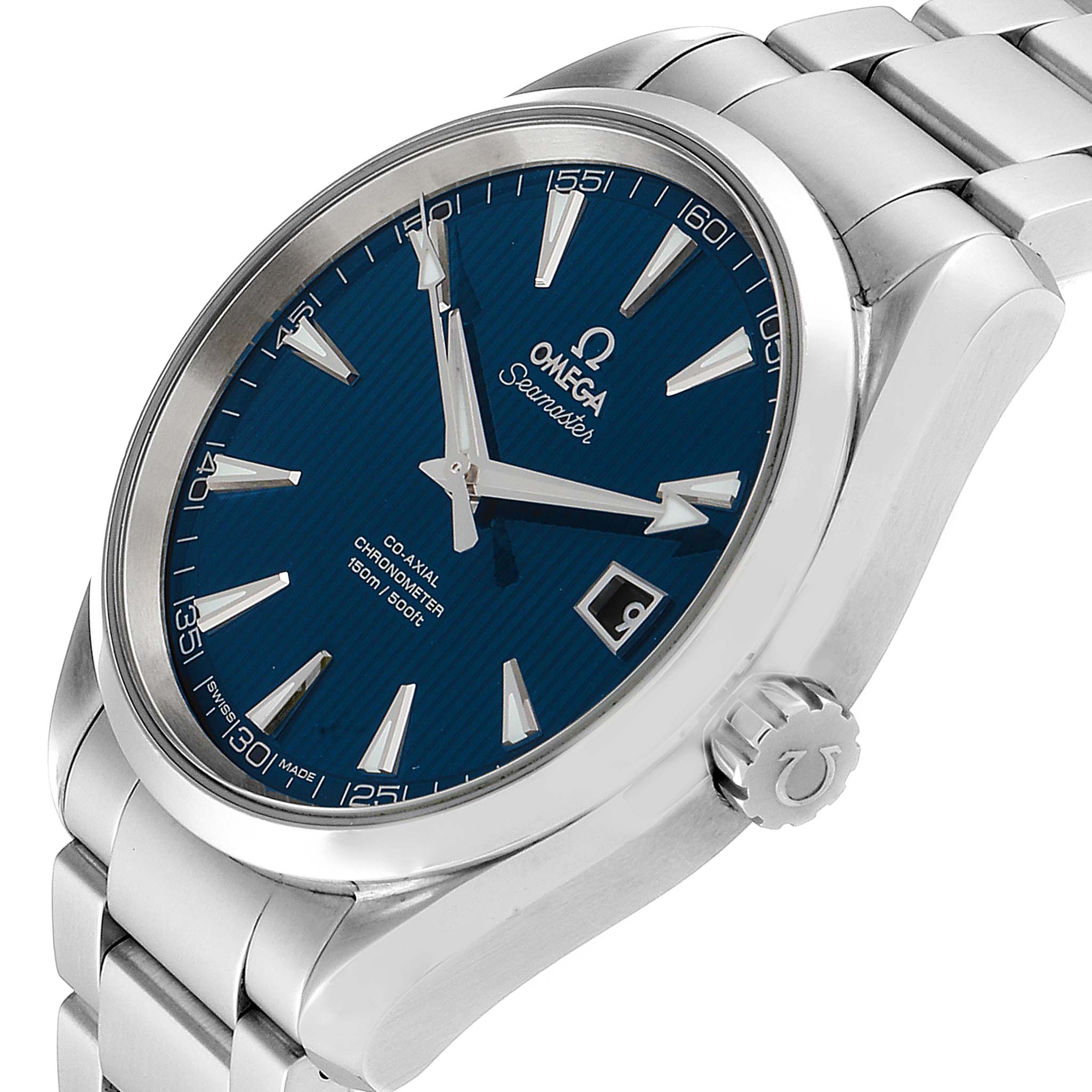 The Omega Aqua Terra 231.10.42.21.03.001 Men
s Stainless Steel Blue Dial 231.10.42.21.03.001 Men
s Stainless Steel Blue Dial watch is shown at an angle displaying the face, crown, and bracelet.
