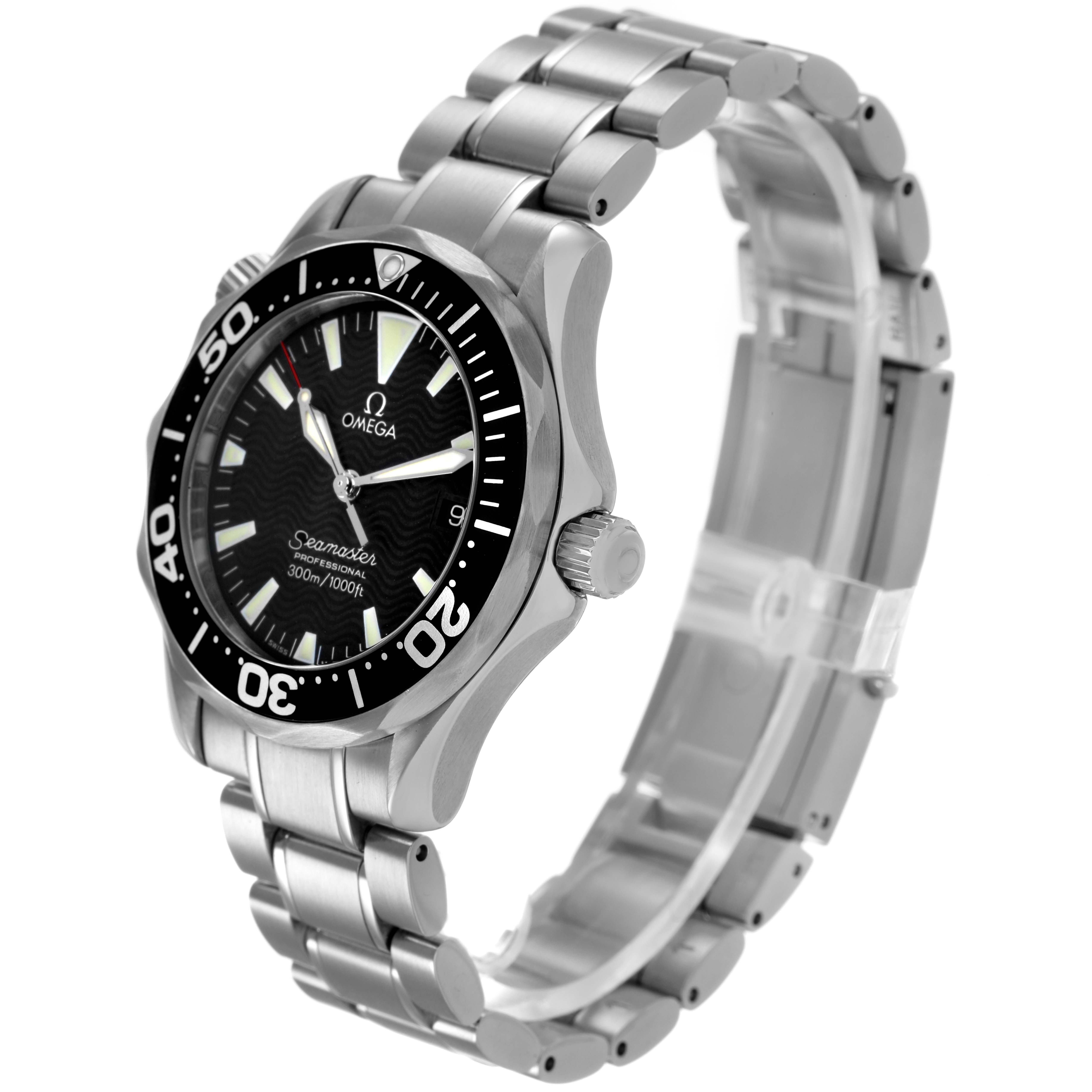 The Omega Seamaster 2262.50.00 Men's Stainless Steel Black Dial watch is shown at a three-quarter angle, highlighting the face, bezel, crown, and stainless steel bracelet.