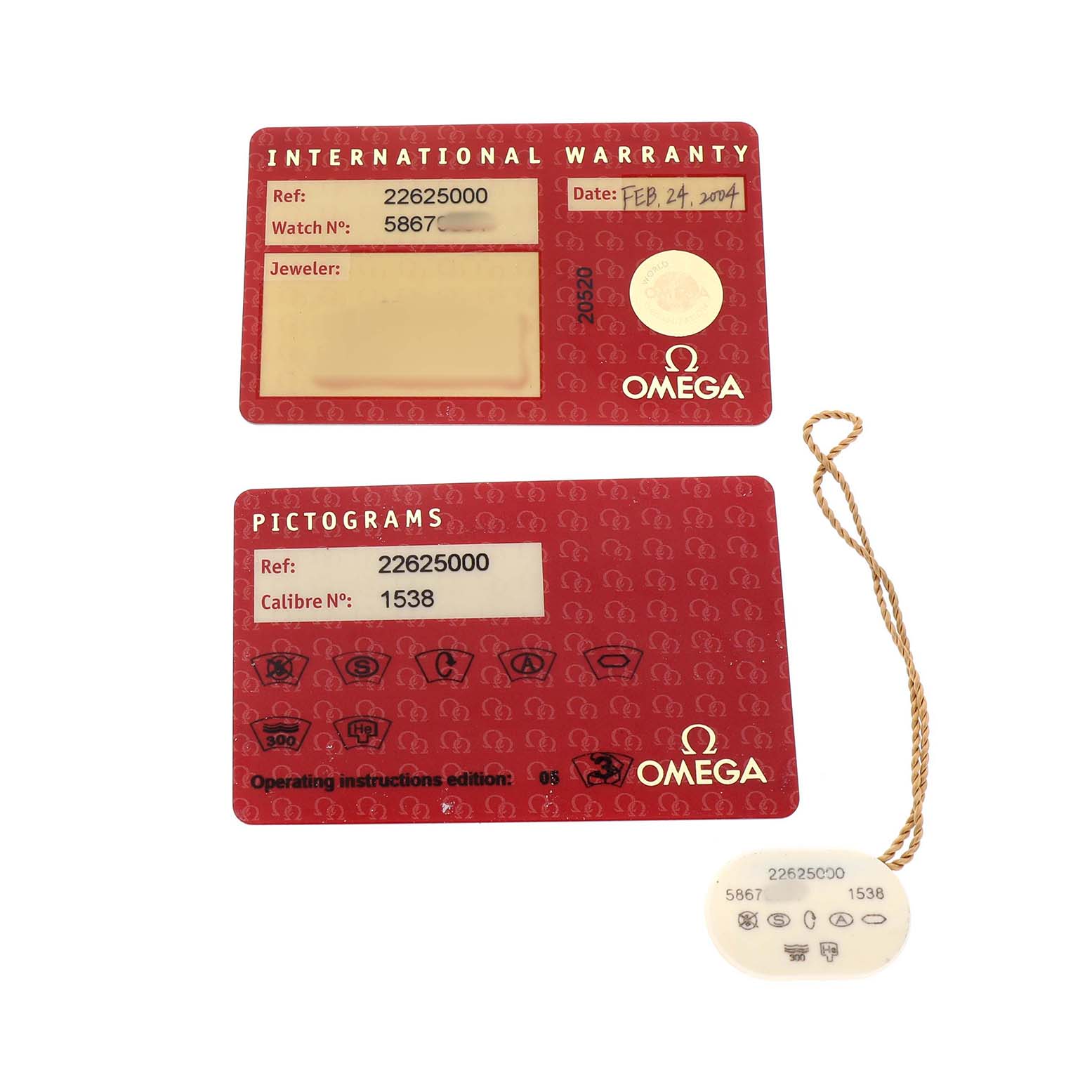 The image shows Omega Seamaster 2262.50.00 Men's Stainless Steel Black Dial warranty and pictogram cards, along with a string tag, laying flat.
