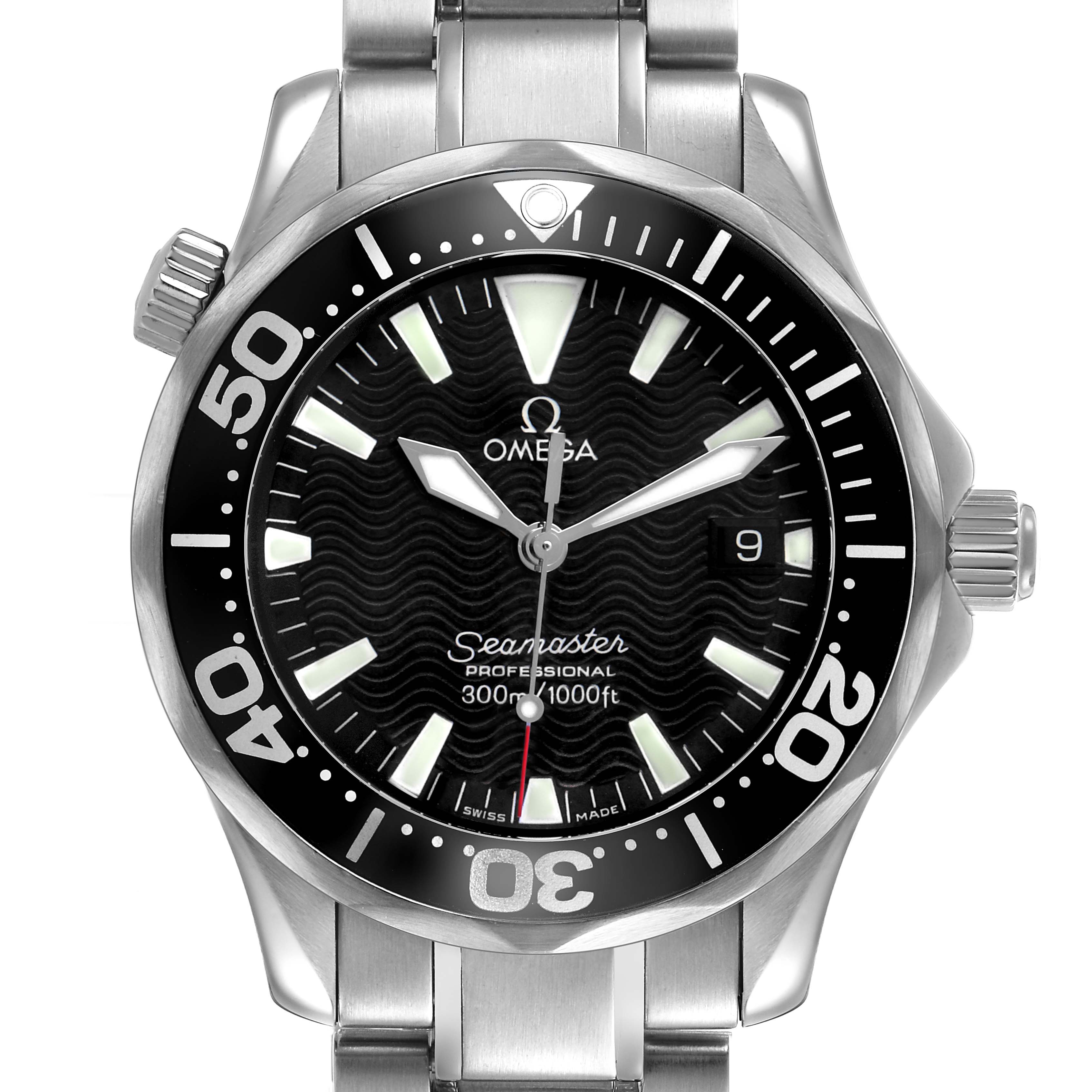 The image shows a front view of the Omega Seamaster 2262.50.00 Men's Stainless Steel Black Dial watch, highlighting the dial, bezel, crown, and part of the bracelet.