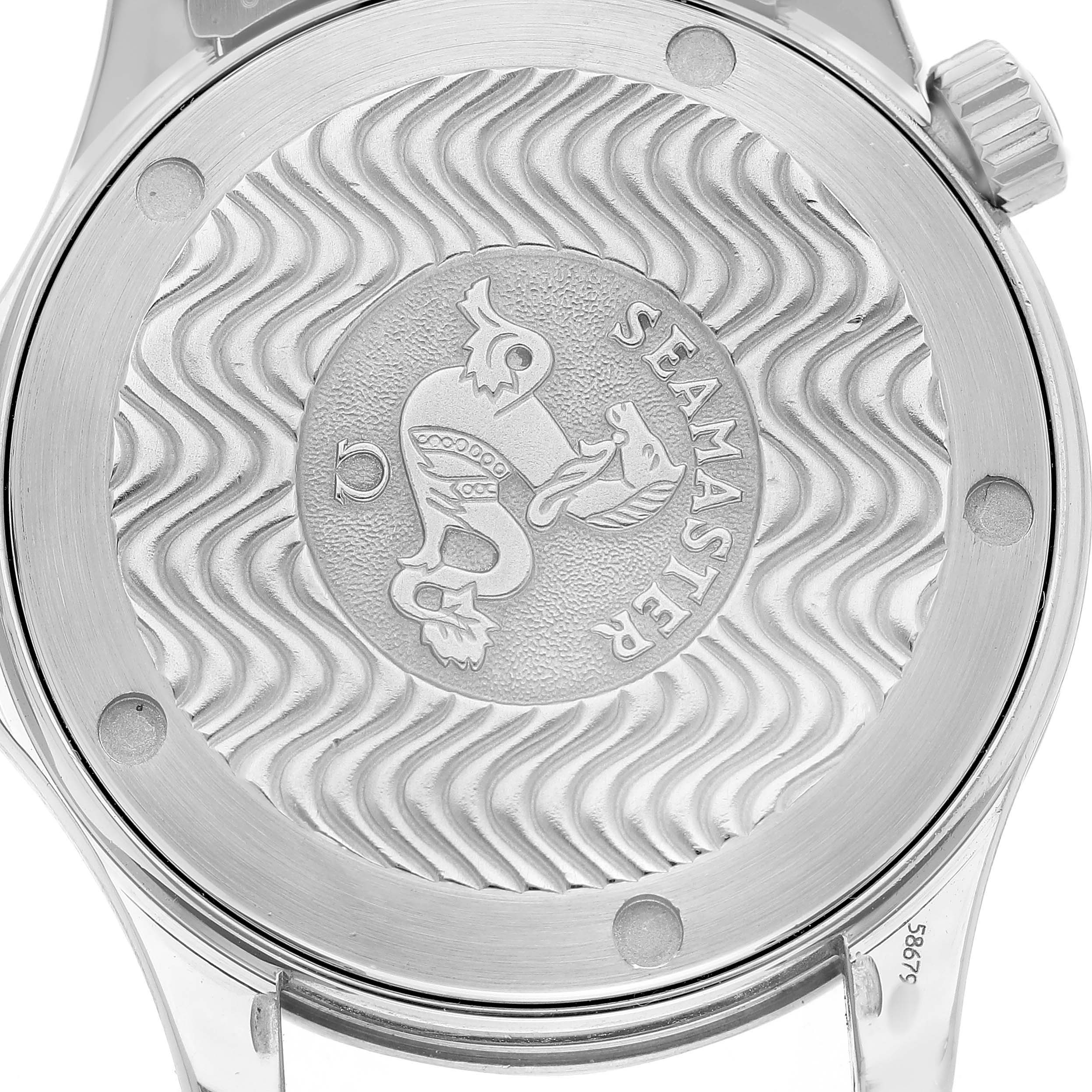The image shows the case back of an Omega Seamaster 2262.50.00 Men's Stainless Steel Black Dial watch, featuring a wavy pattern and the Seamaster logo.