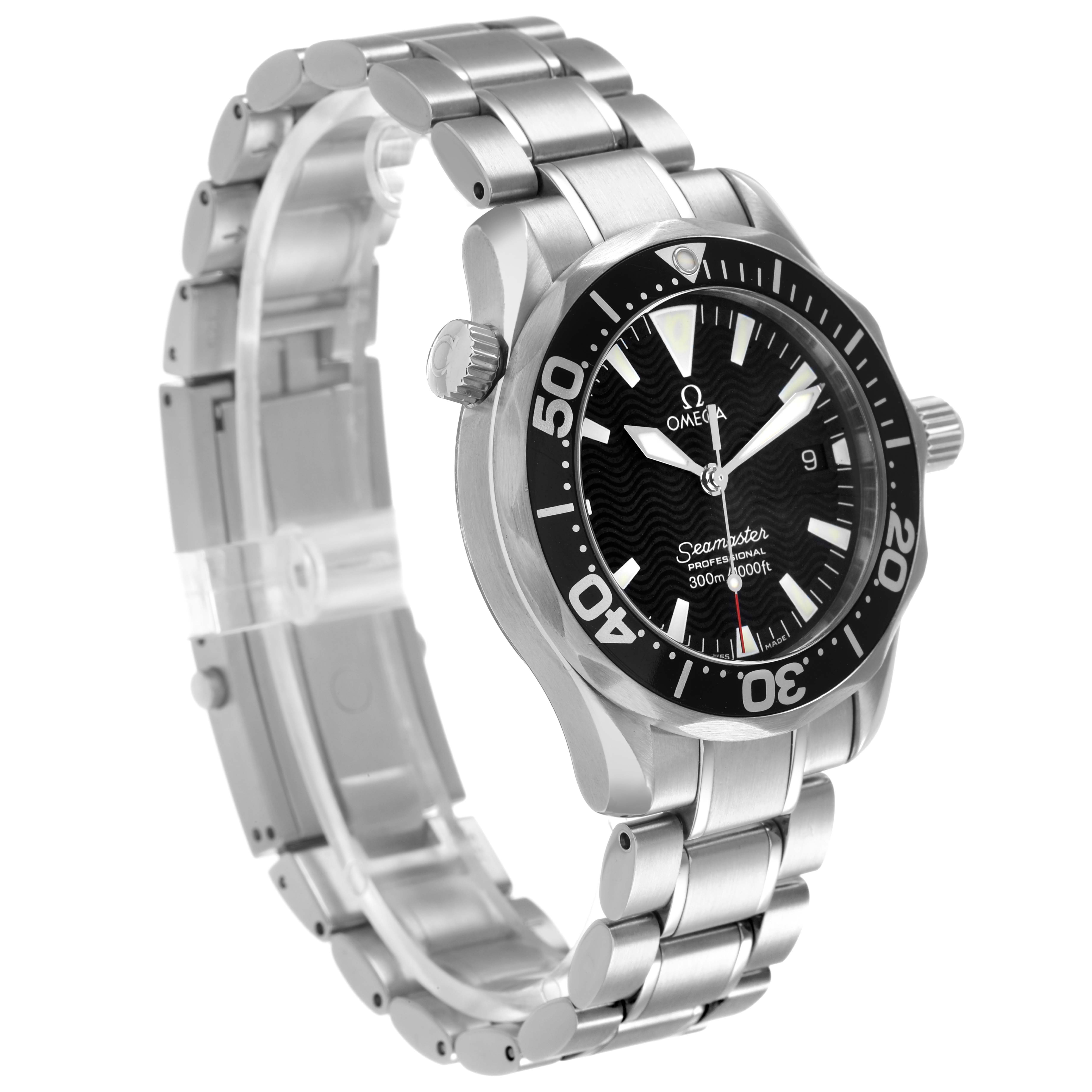 The Omega Seamaster 2262.50.00 Men's Stainless Steel Black Dial watch is shown at a three-quarter angle, highlighting the dial, bezel, bracelet, and crown.