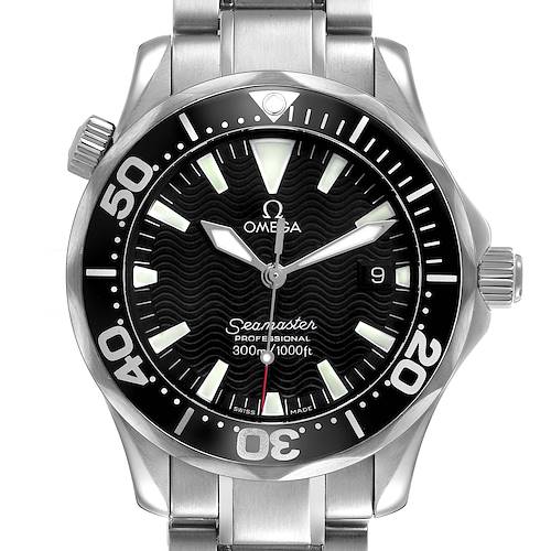 The Omega Seamaster 2262.50.00 Men's Stainless Steel Black Dial watch is shown from the front, highlighting the dial, bezel, and bracelet attachment.