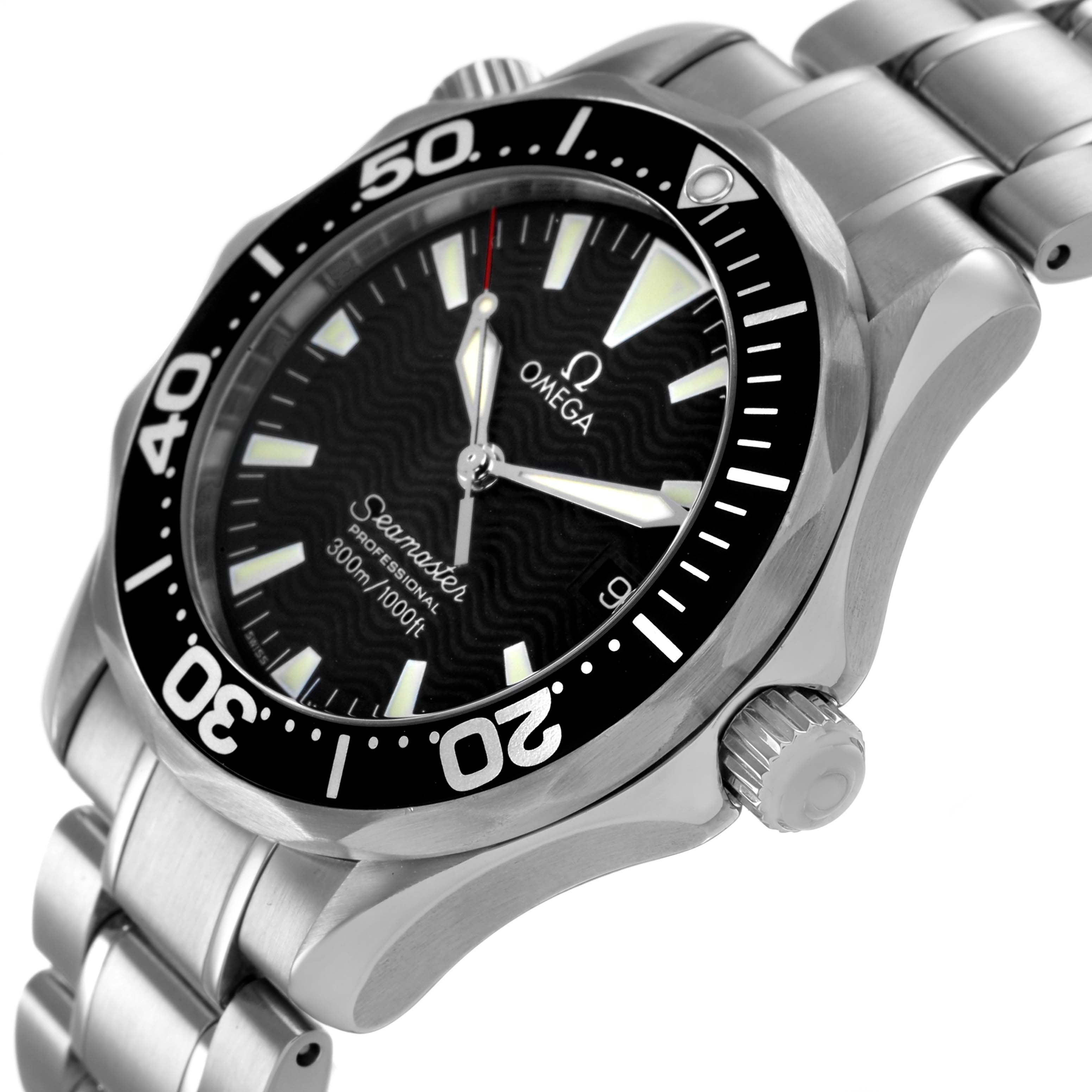 The Omega Seamaster 2262.50.00 Men's Stainless Steel Black Dial watch is shown at a three-quarter angle, displaying the face, bezel, crown, and metal bracelet.