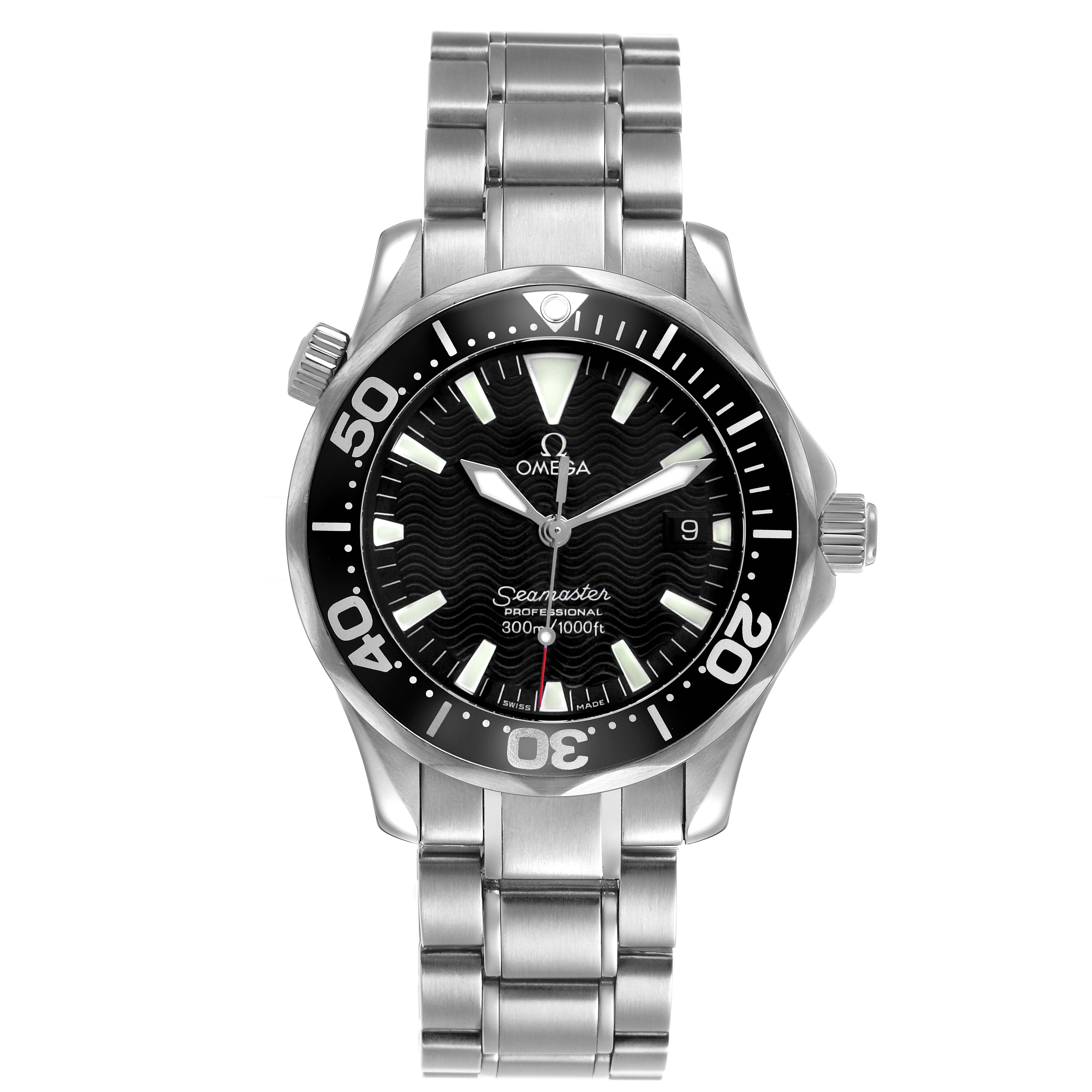 The Omega Seamaster 2262.50.00 Men's Stainless Steel Black Dial watch is shown from a front angle, displaying its face, bezel, and metal bracelet.