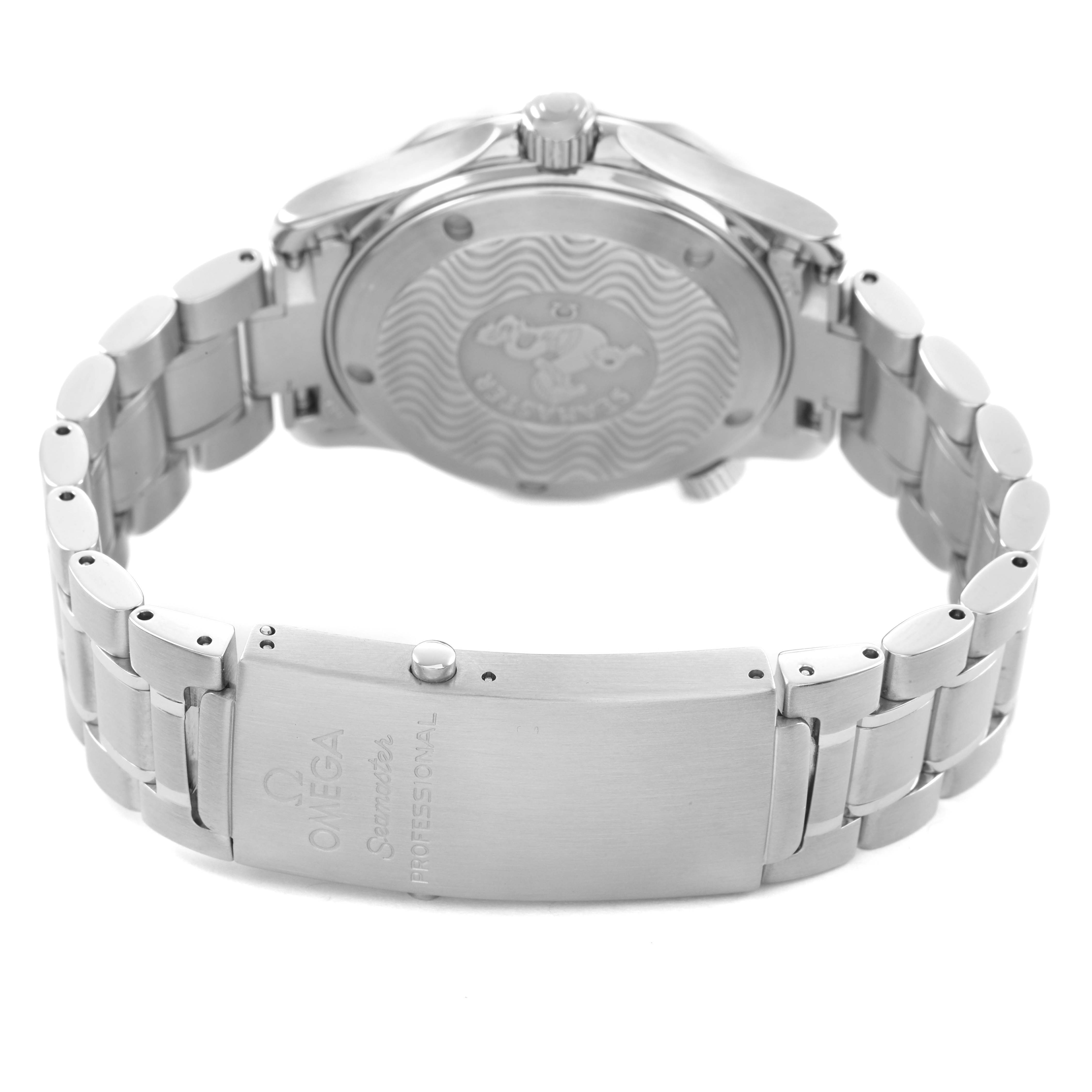 The image shows the back of an Omega Seamaster 2262.50.00 Men's Stainless Steel Black Dial watch, highlighting the bracelet, clasp, and engraved case back.