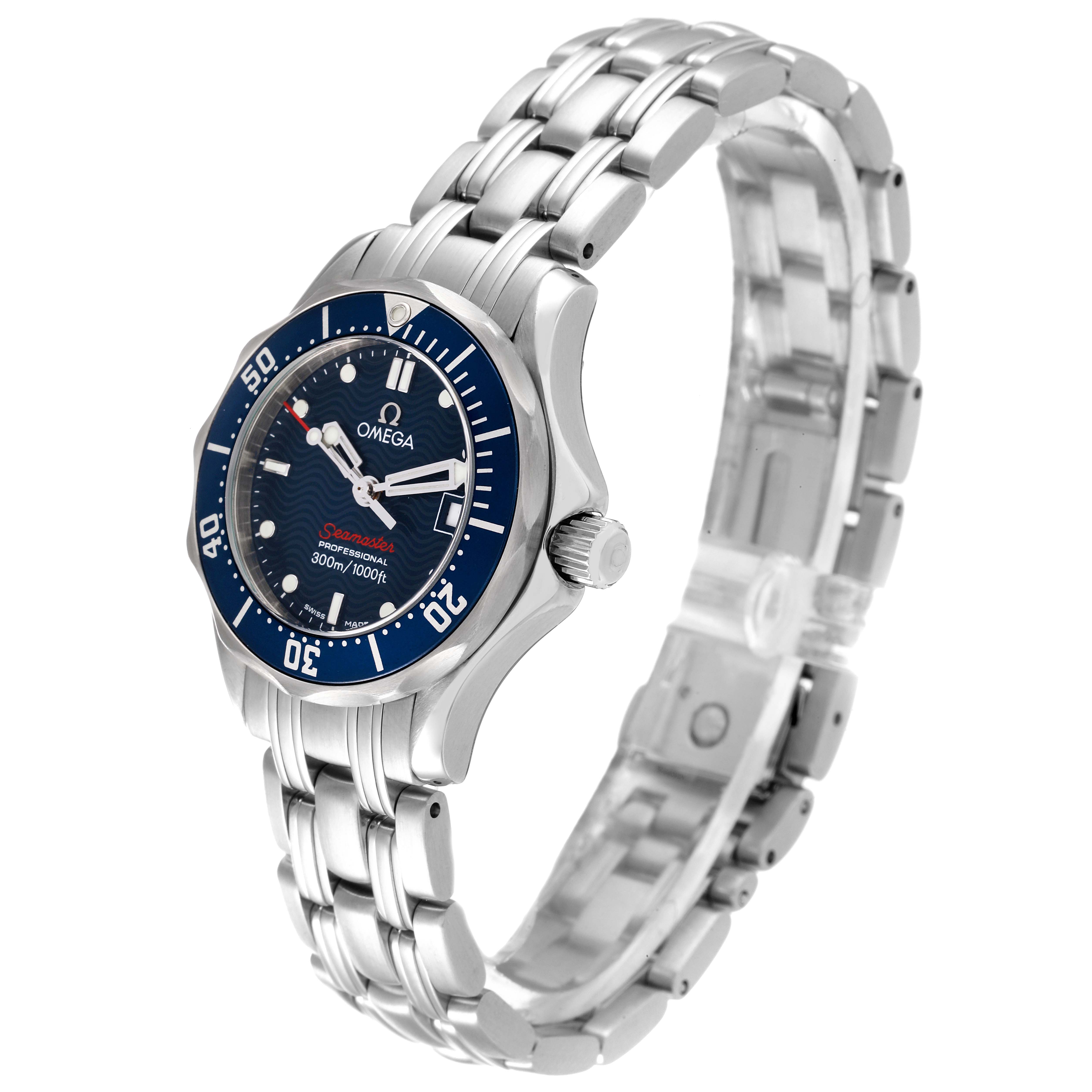 This image shows a side-angle view of the Omega 2224.80.00 Women's Stainless Steel Blue Dial 2224.80.00 Women's Stainless Steel Blue Dial Seamaster Diver 300M 28mm Steel Ladies Watch (2224.80.00) featuring its dial and metal bracelet.