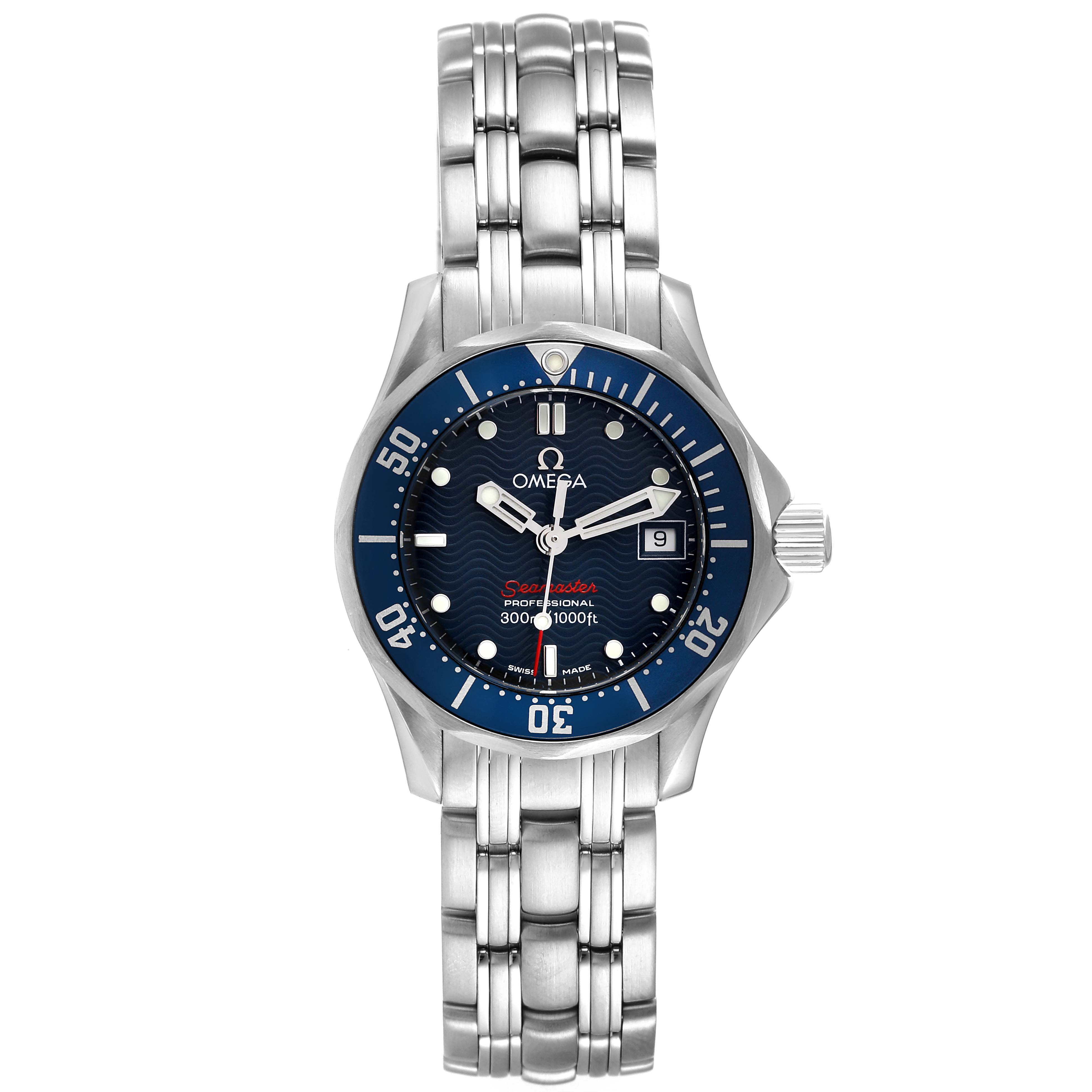 The Omega 2224.80.00 Women's Stainless Steel Blue Dial 2224.80.00 Women's Stainless Steel Blue Dial Seamaster Diver 300M 28mm Steel Ladies Watch 2224.80.00 is shown from a top-down angle, displaying its face and bracelet.