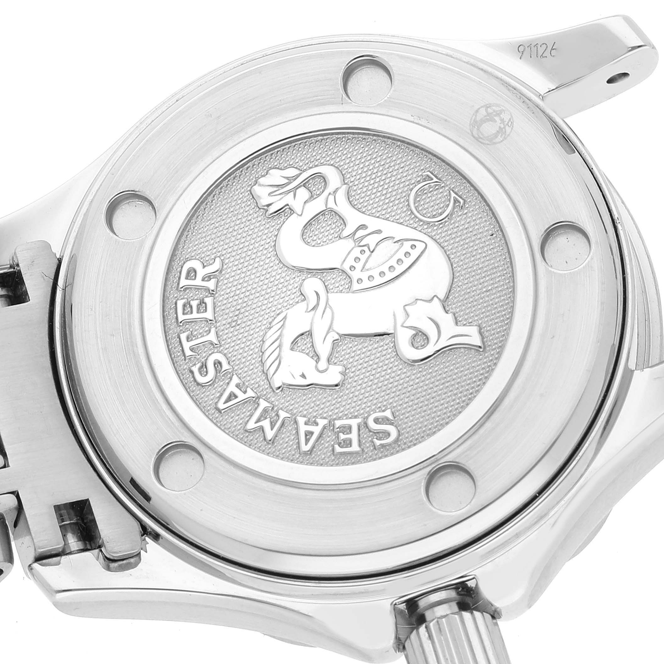 The image shows the back casing of the Omega 2224.80.00 Women's Stainless Steel Blue Dial 2224.80.00 Women's Stainless Steel Blue Dial Seamaster Diver 300M 28mm Steel Ladies Watch model 2224.80.00.