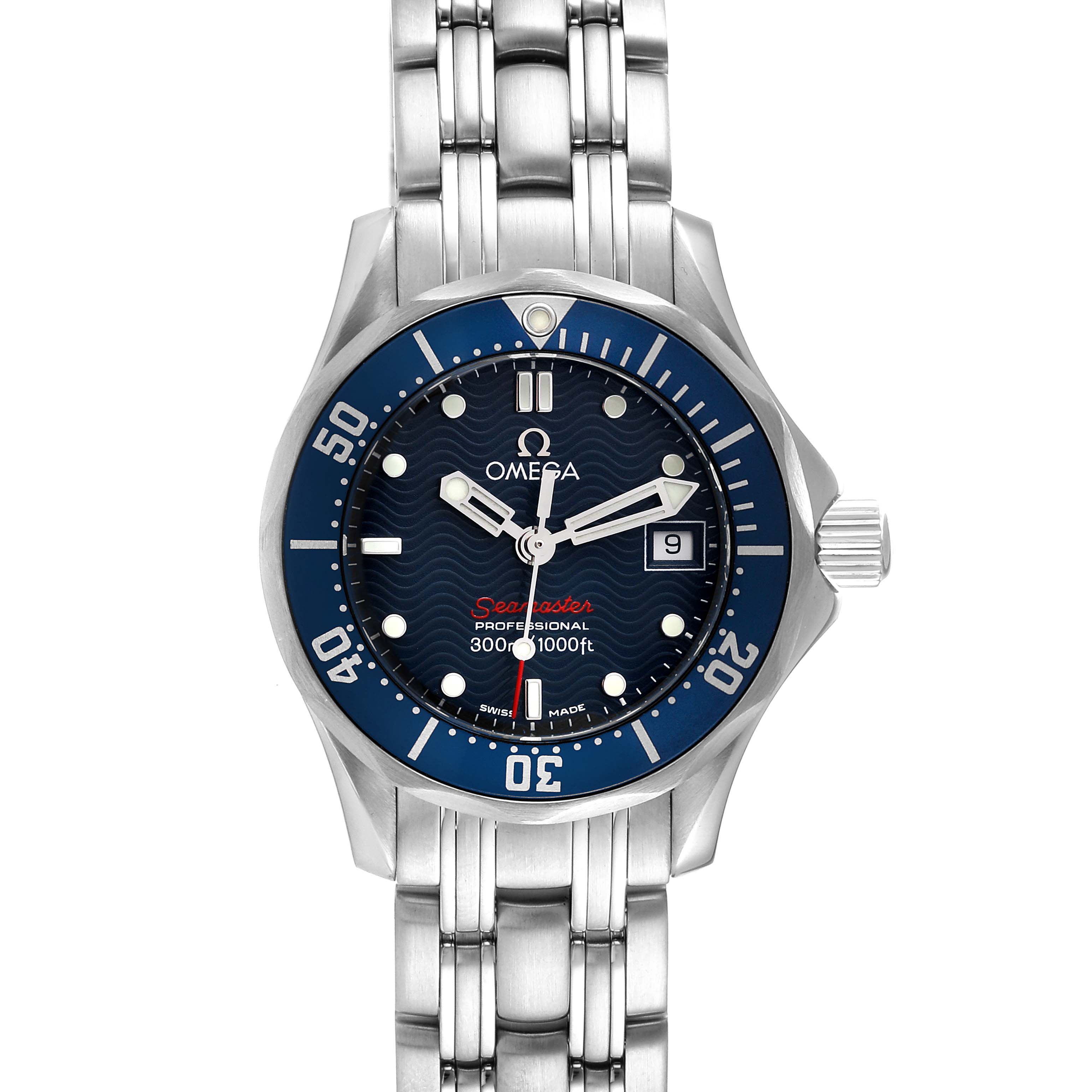 The image shows a front view of the Omega 2224.80.00 Women's Stainless Steel Blue Dial 2224.80.00 Women's Stainless Steel Blue Dial Seamaster Diver 300M 28mm Steel Ladies Watch 2224.80.00, highlighting the dial, bezel, and bracelet.
