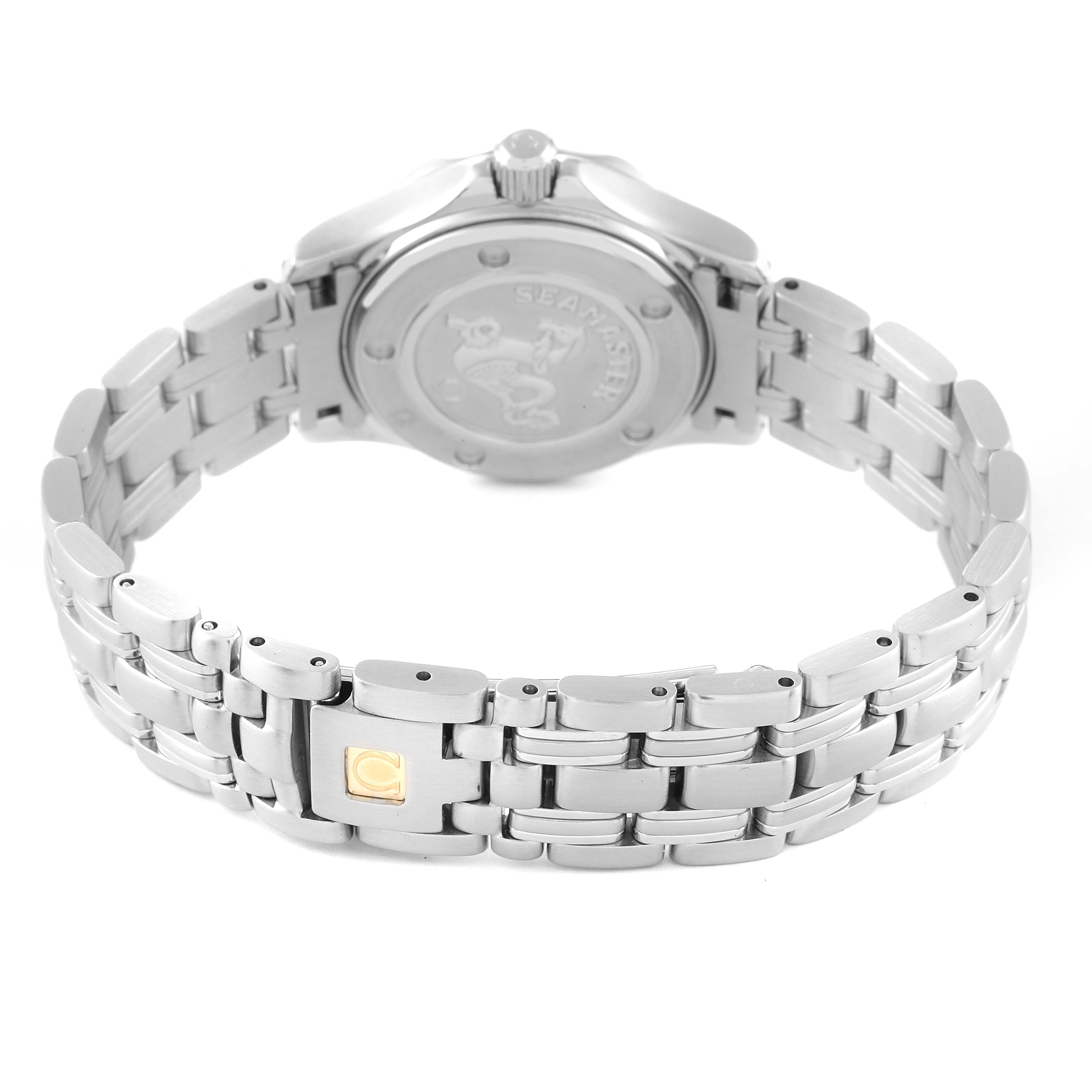 The image shows the back view of the Omega 2224.80.00 Women's Stainless Steel Blue Dial 2224.80.00 Women's Stainless Steel Blue Dial Seamaster Diver 300M 28mm Steel Ladies Watch 2224.80.00, highlighting the bracelet and case back.