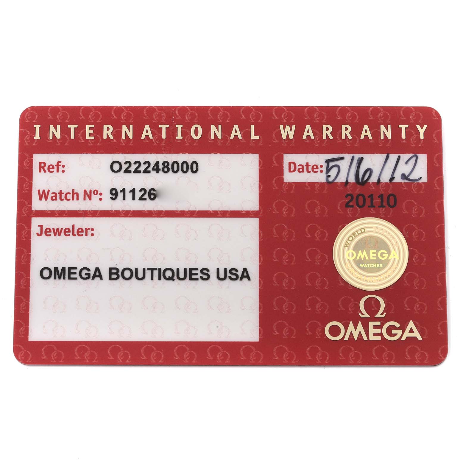 The image shows the warranty card for the Omega 2224.80.00 Women's Stainless Steel Blue Dial 2224.80.00 Women's Stainless Steel Blue Dial Seamaster Diver 300M 28mm Steel Ladies Watch model 2224.80.00.