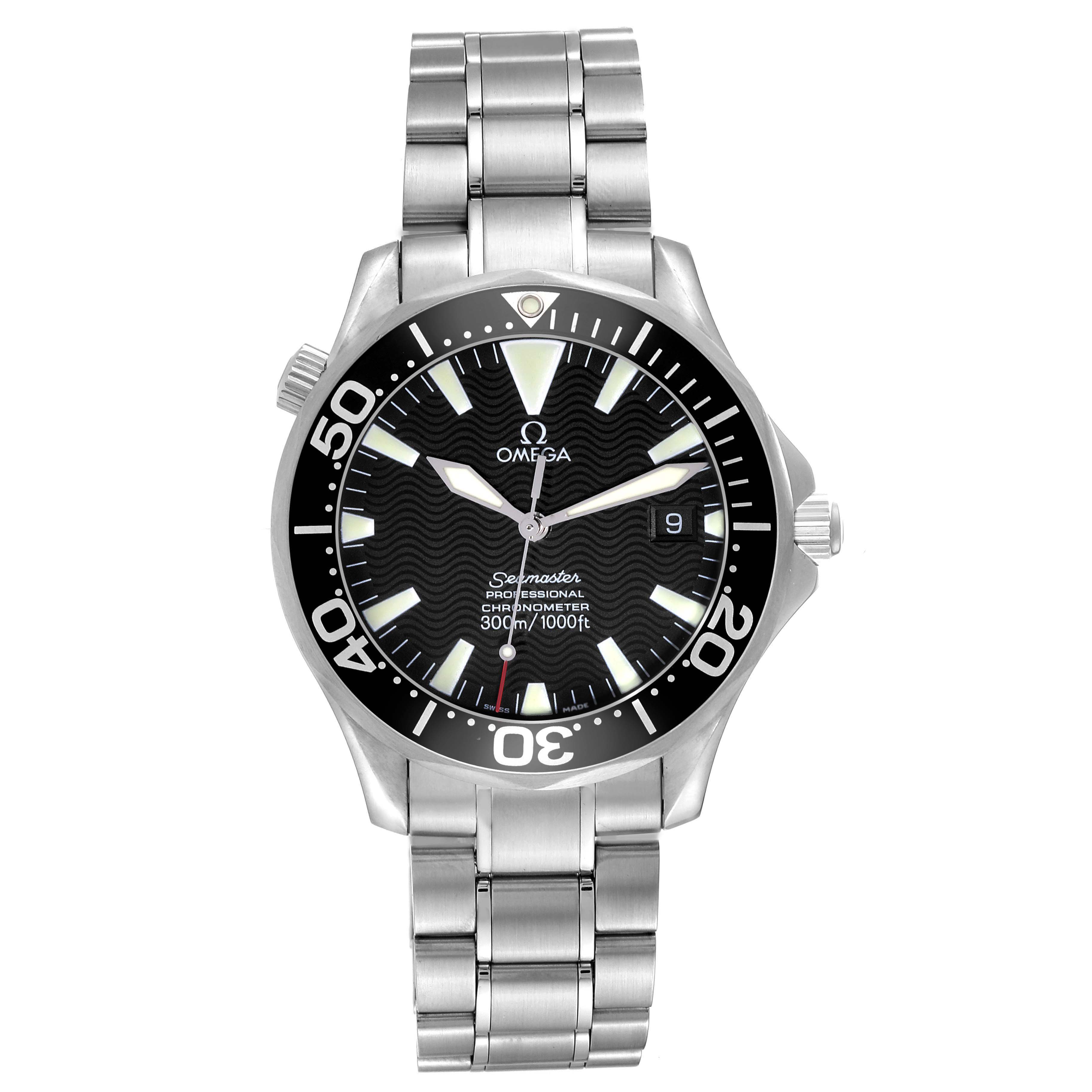 The Omega Seamaster 2254.50.00 Men's Stainless Steel Black Dial 2254.50.00 Men's Stainless Steel Black Dial watch is shown face-on, displaying the dial, bezel, and part of the bracelet.