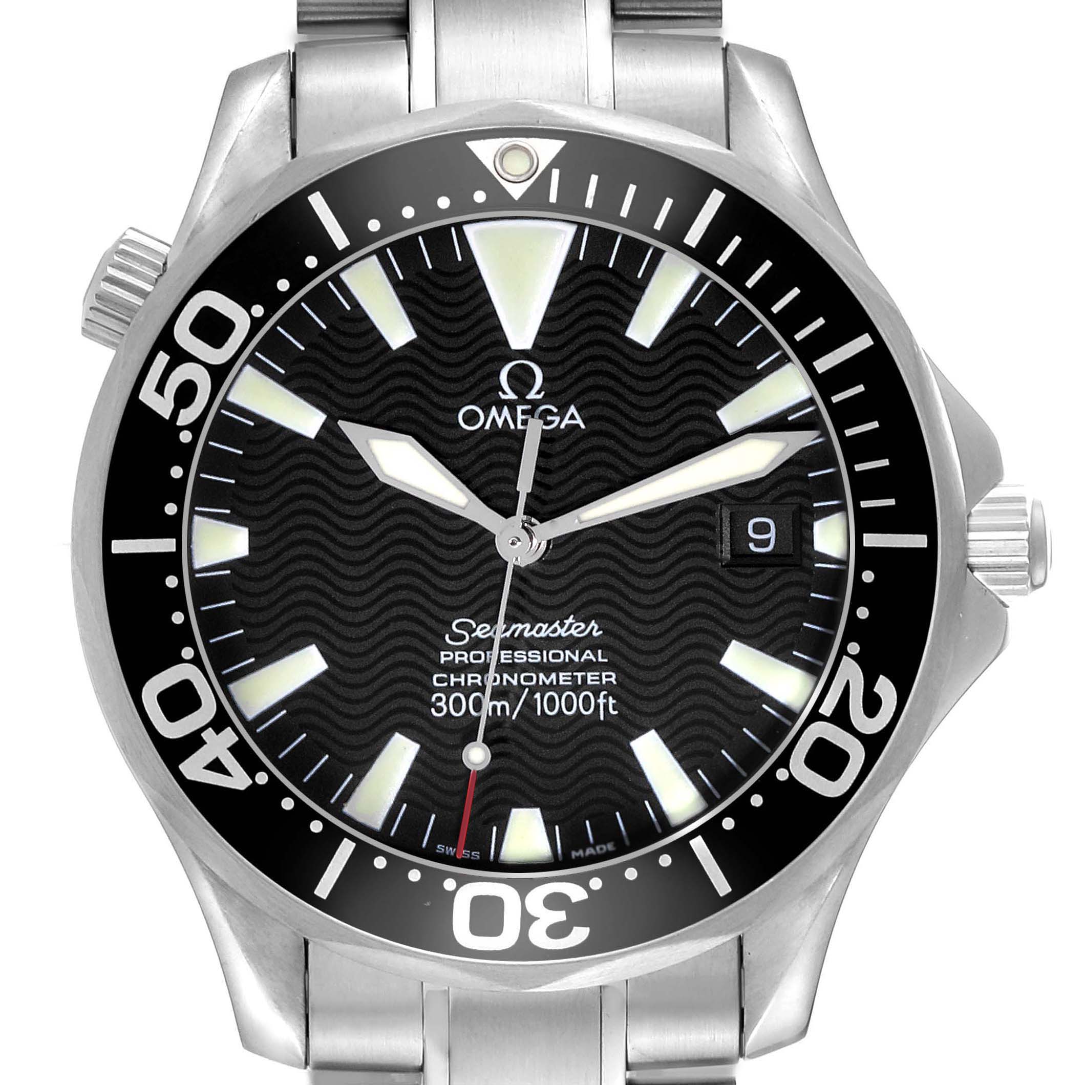 The Omega Seamaster 2254.50.00 Men's Stainless Steel Black Dial 2254.50.00 Men's Stainless Steel Black Dial watch is shown from a front angle, highlighting its face, bezel, and bracelet.
