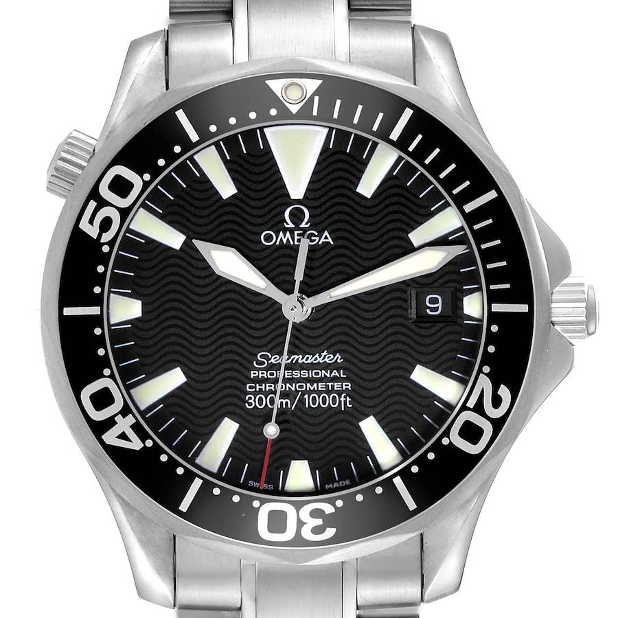The Omega Seamaster watch is shown from a front angle, highlighting its face, bezel, and bracelet.