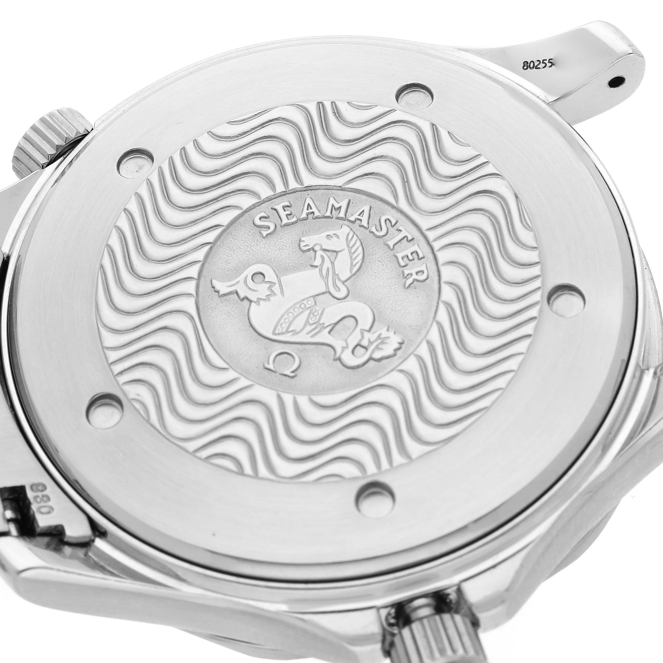 The image shows the case back of the Omega Seamaster 2254.50.00 Men's Stainless Steel Black Dial 2254.50.00 Men's Stainless Steel Black Dial watch, featuring the engraved logo and wavy pattern.