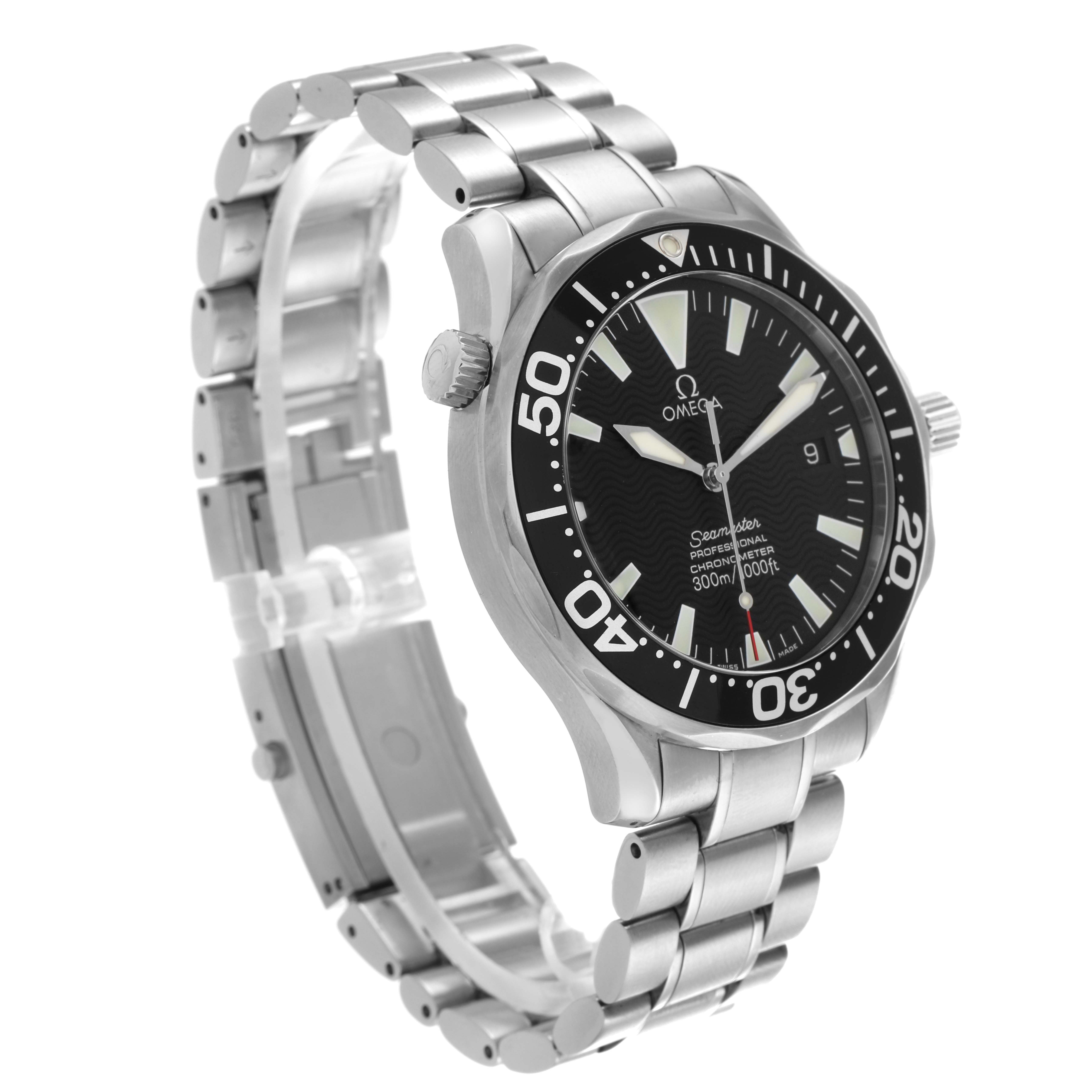 The Omega Seamaster 2254.50.00 Men's Stainless Steel Black Dial 2254.50.00 Men's Stainless Steel Black Dial watch is shown at a three-quarter angle, displaying the face, bezel, crown, and metal bracelet.