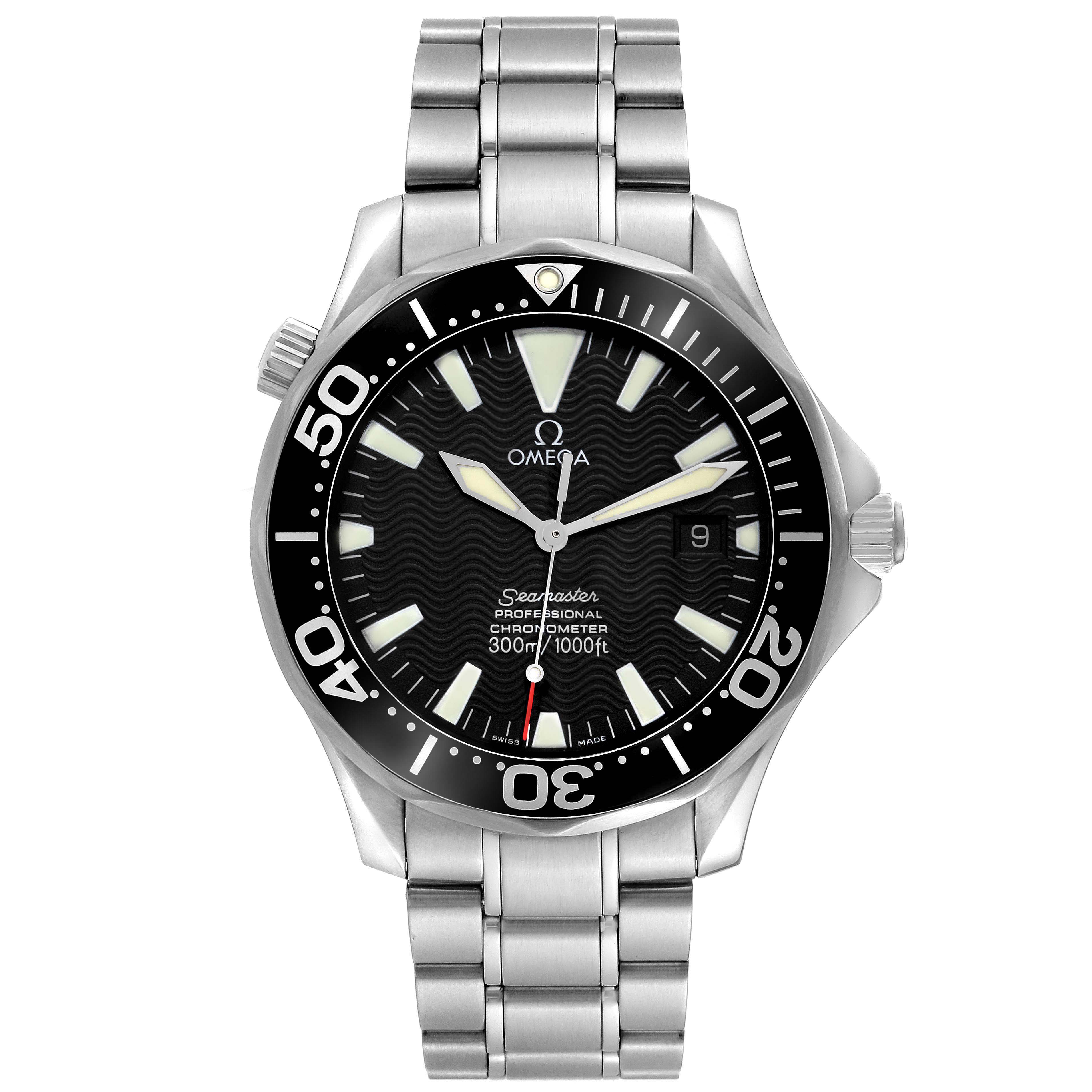 The Omega Seamaster 2254.50.00 Men's Stainless Steel Black Dial 2254.50.00 Men's Stainless Steel Black Dial watch is shown from the front, highlighting its dial, bezel, bracelet, and crown.