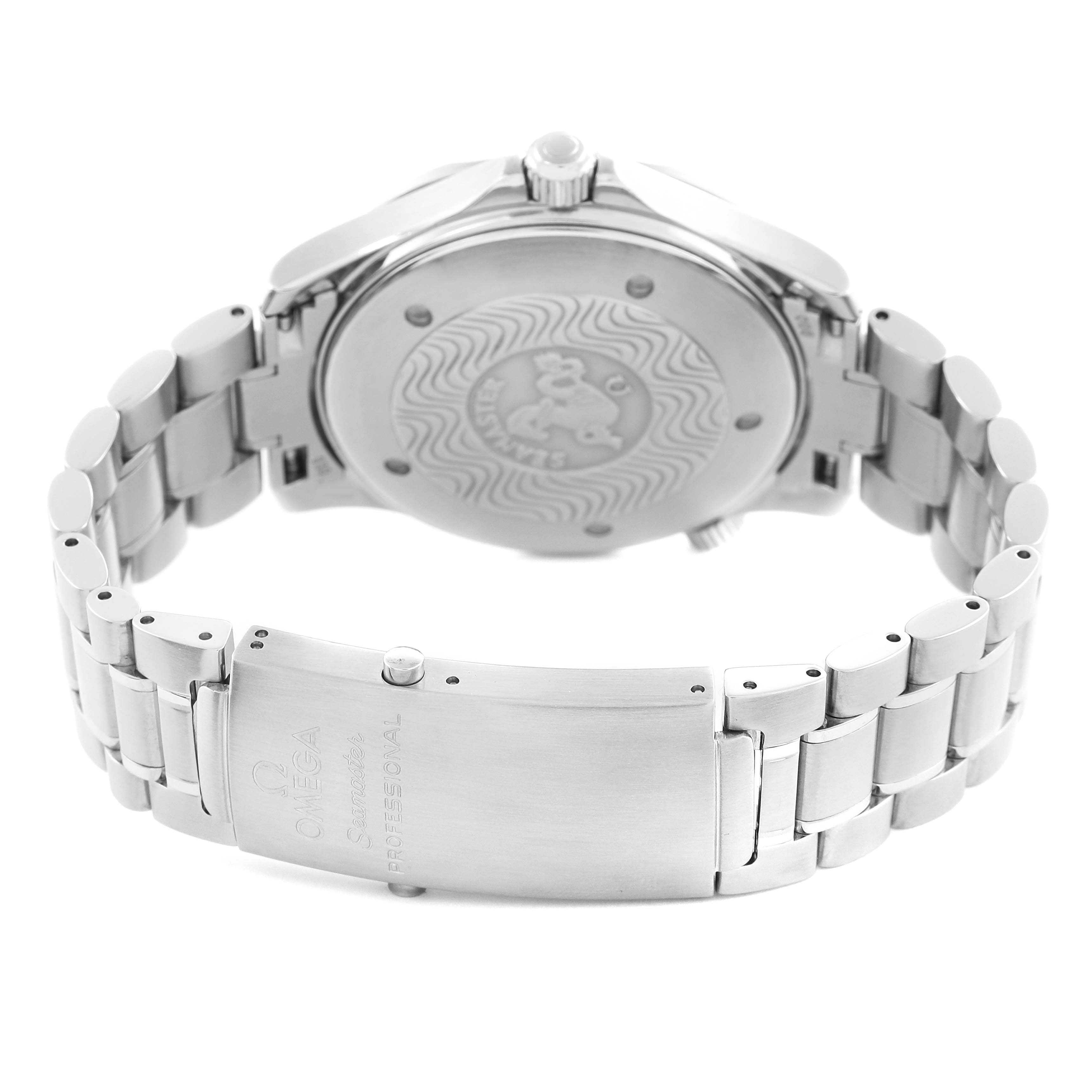 The Omega Seamaster 2254.50.00 Men's Stainless Steel Black Dial 2254.50.00 Men's Stainless Steel Black Dial watch is shown from a rear angle, highlighting the case back and the clasp of the metal bracelet.