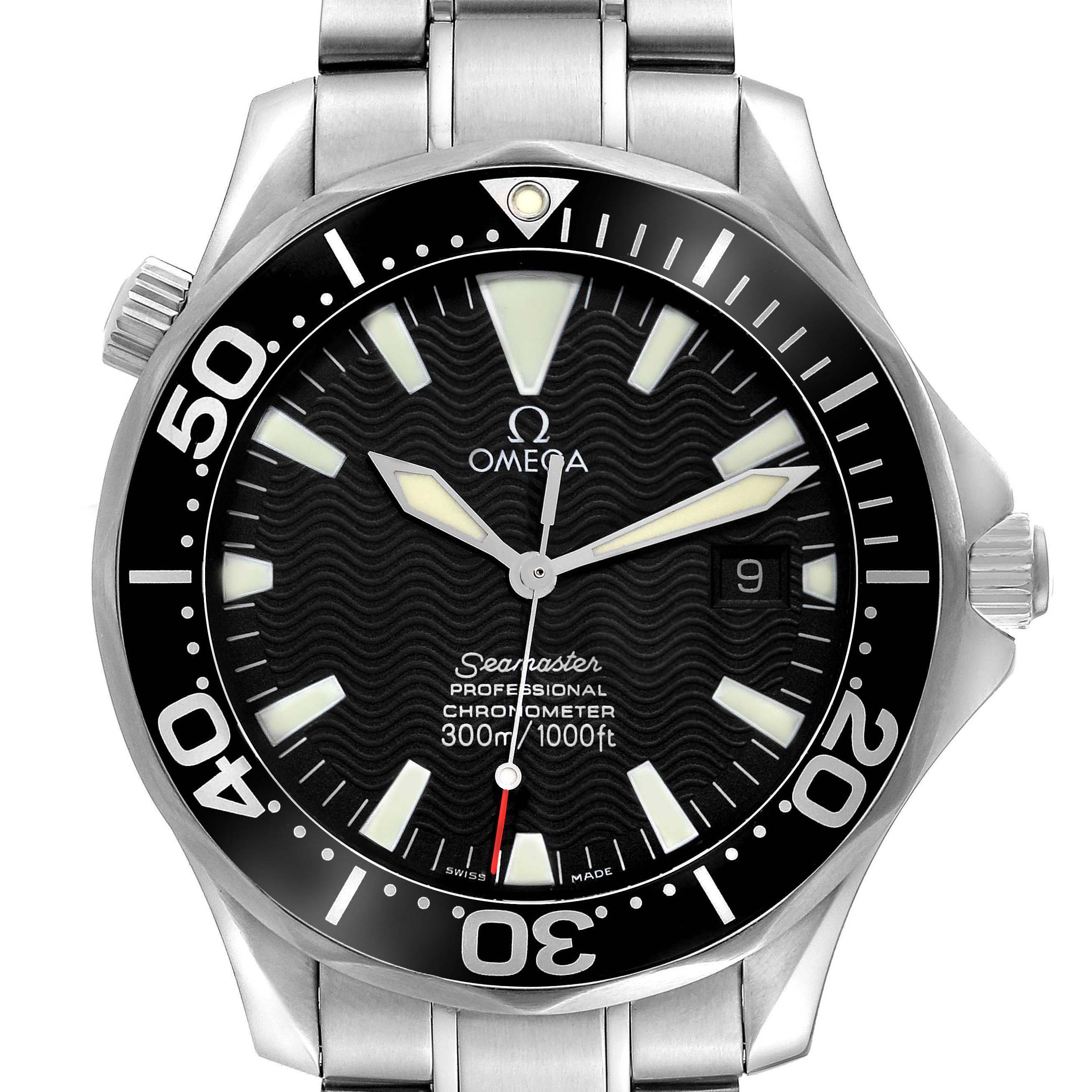 The Omega Seamaster 2254.50.00 Men's Stainless Steel Black Dial 2254.50.00 Men's Stainless Steel Black Dial watch is shown from a front view, highlighting the dial, bezel, and part of the bracelet.