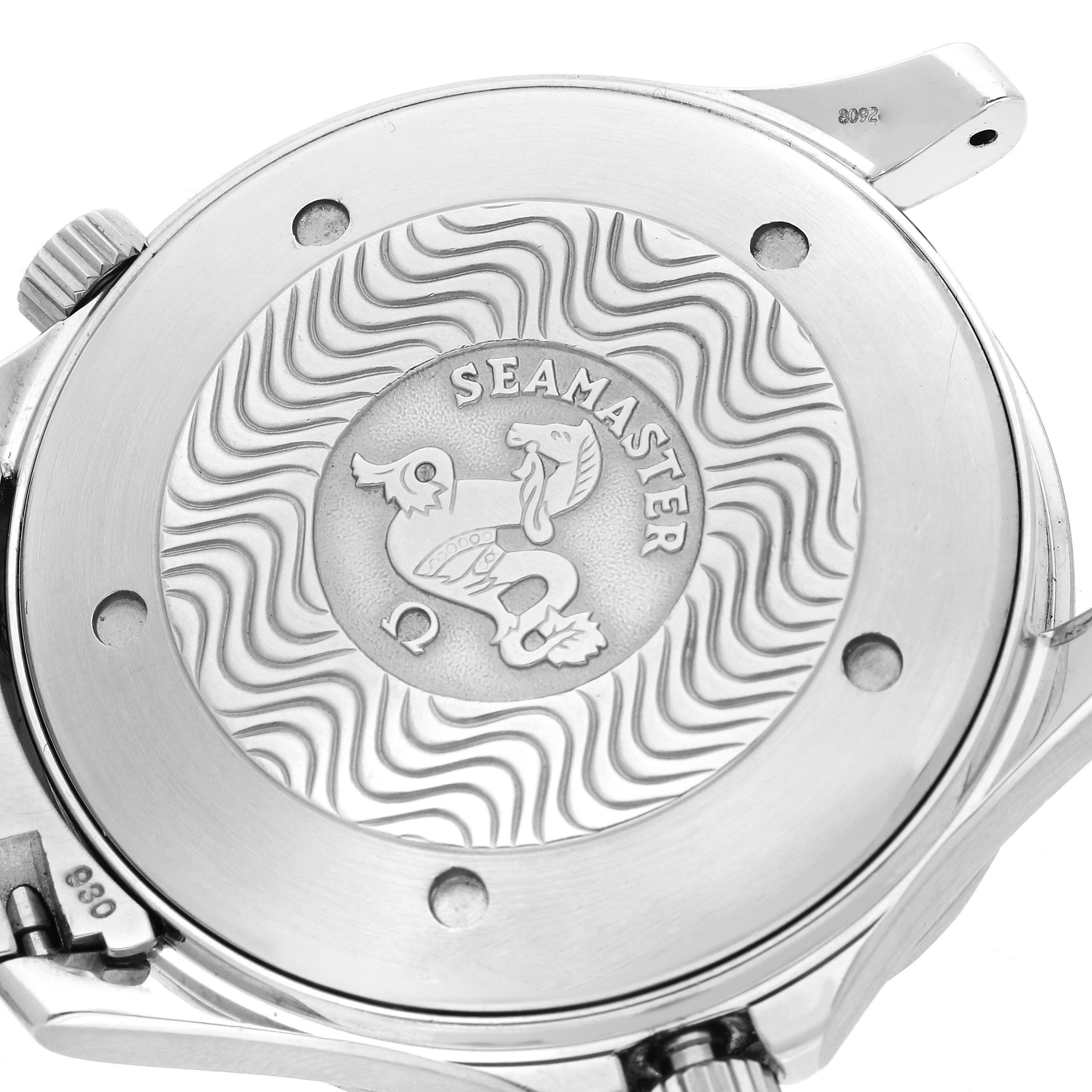 The image shows the back case of an Omega Seamaster 2254.50.00 Men's Stainless Steel Black Dial 2254.50.00 Men's Stainless Steel Black Dial watch, featuring its emblem and wave patterns.