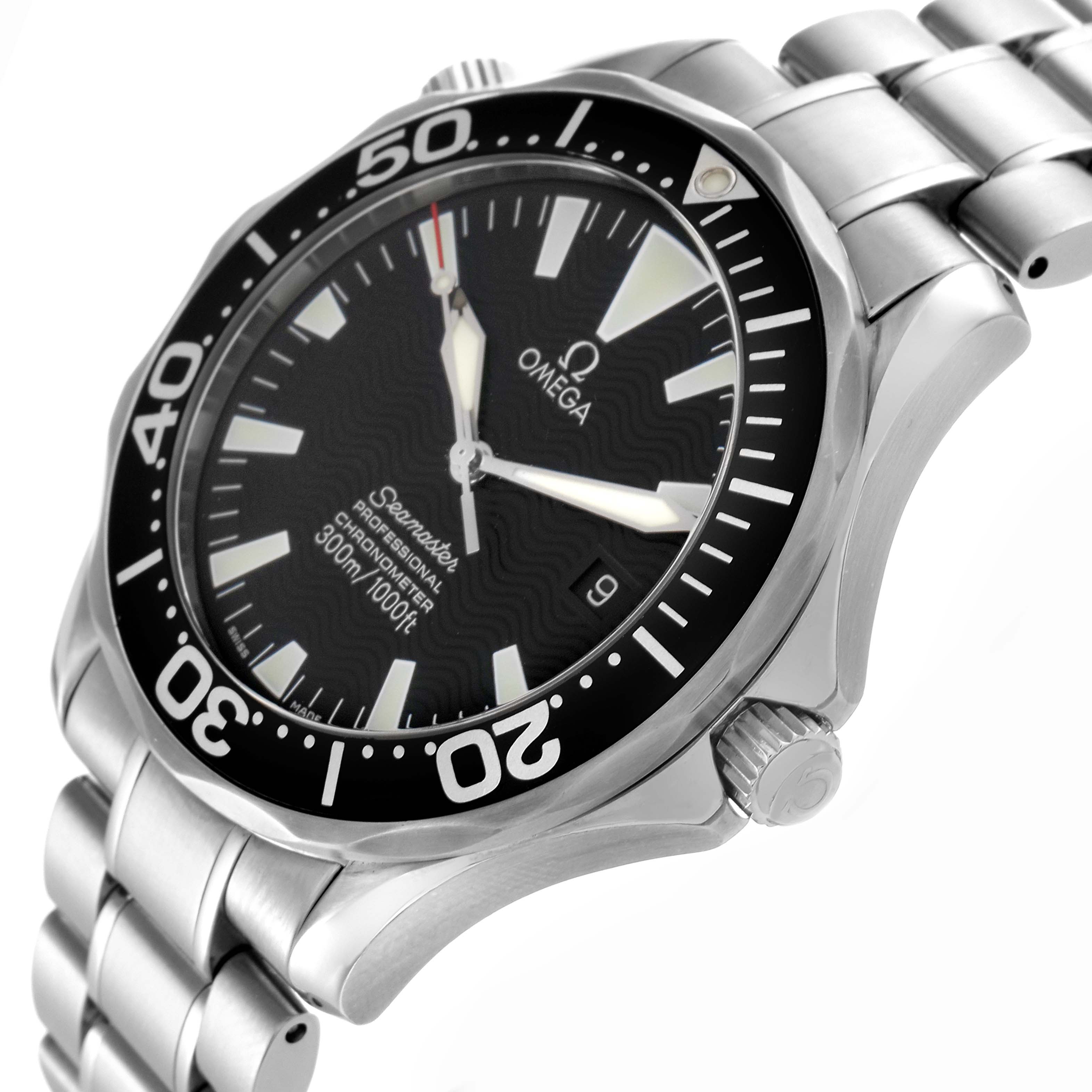 The Omega Seamaster 2254.50.00 Men's Stainless Steel Black Dial 2254.50.00 Men's Stainless Steel Black Dial watch is shown from a side angle, displaying the bezel, dial, bracelet, and crown.