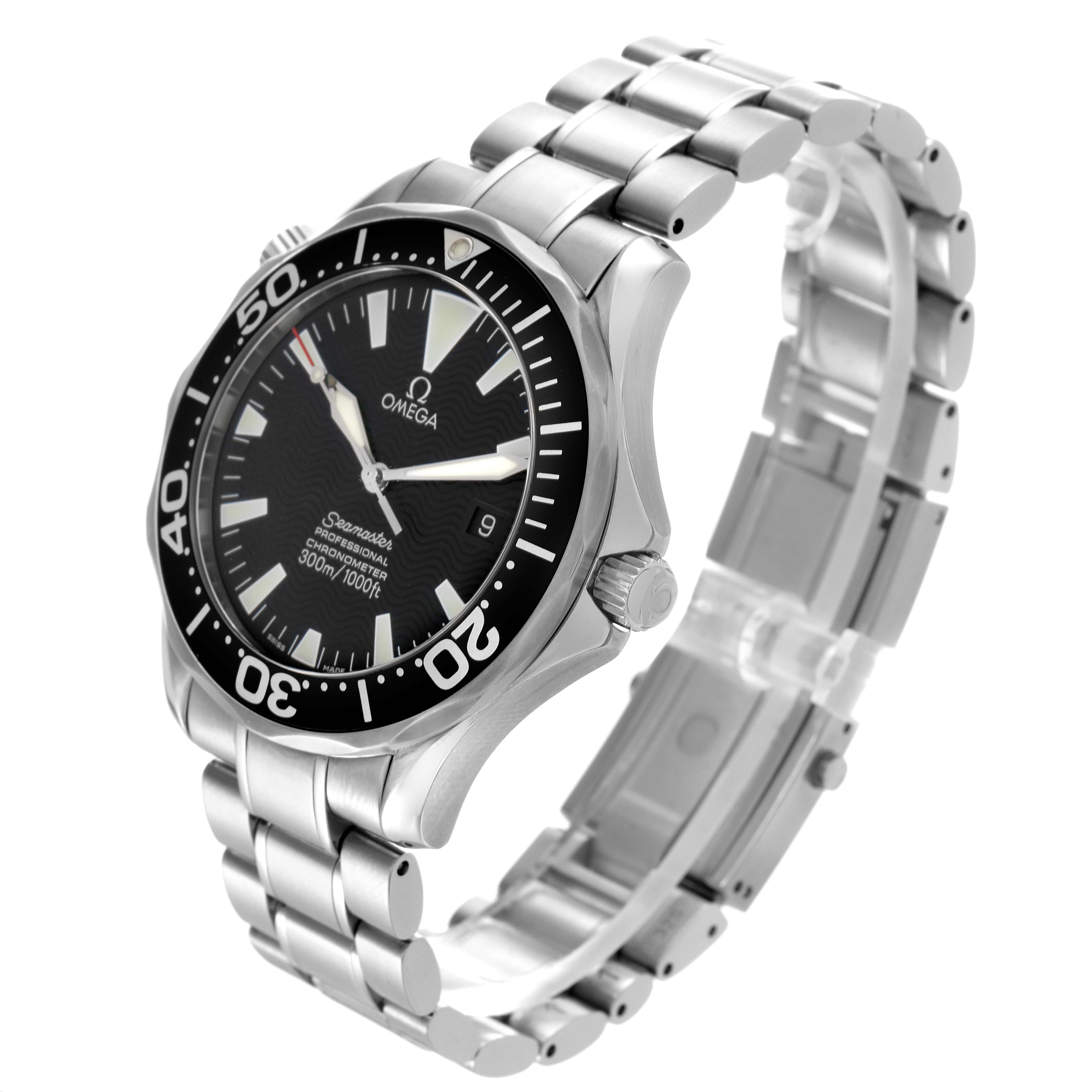 The Omega Seamaster 2254.50.00 Men's Stainless Steel Black Dial 2254.50.00 Men's Stainless Steel Black Dial watch is shown from a three-quarter angle, showcasing the face, bezel, crown, and stainless steel bracelet.