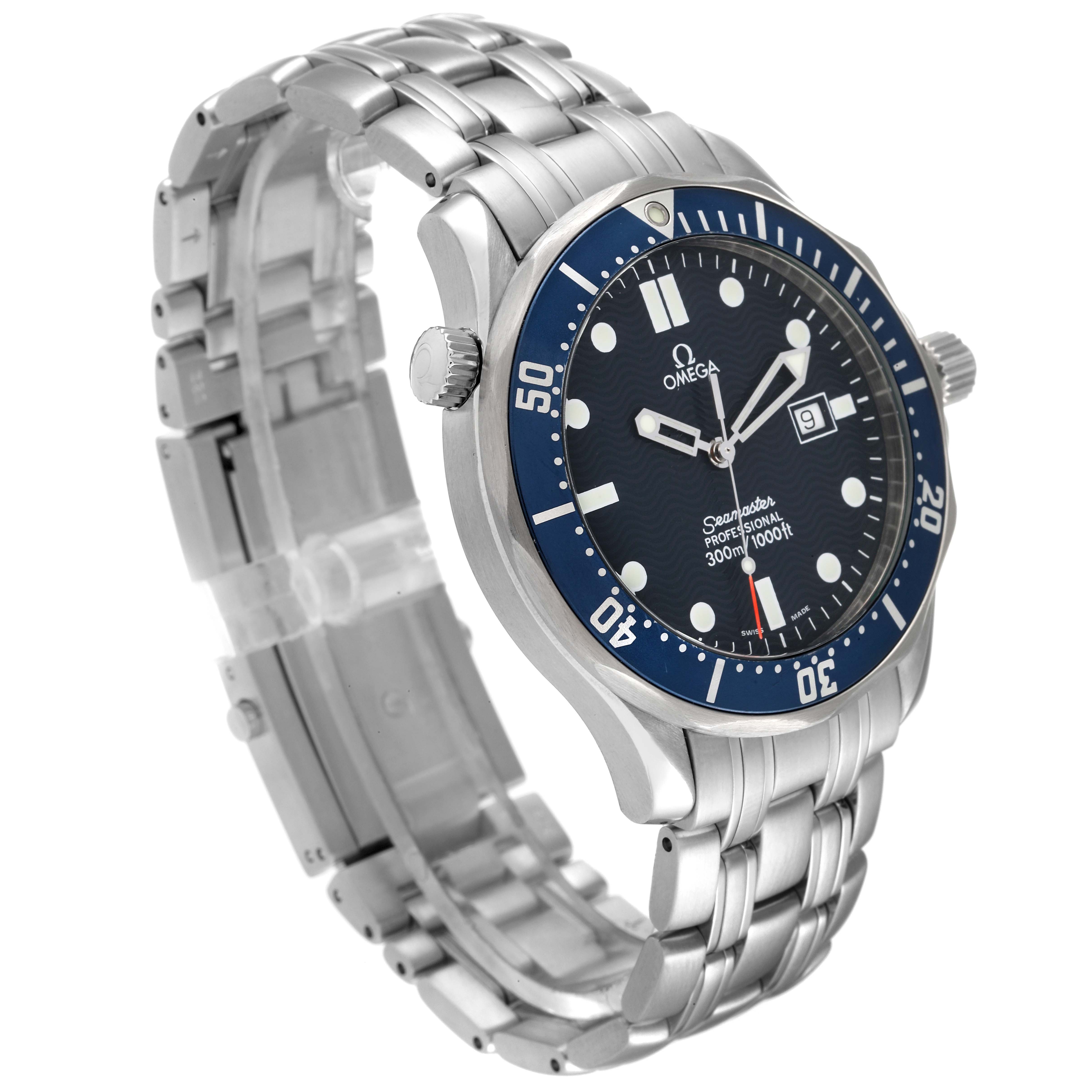 The Omega Seamaster 2541.80.00 Men's Stainless Steel Blue Dial 2541.80.00 Men's Stainless Steel Blue Dial watch is shown from a three-quarter angle, highlighting the watch face, bezel, and metal bracelet.