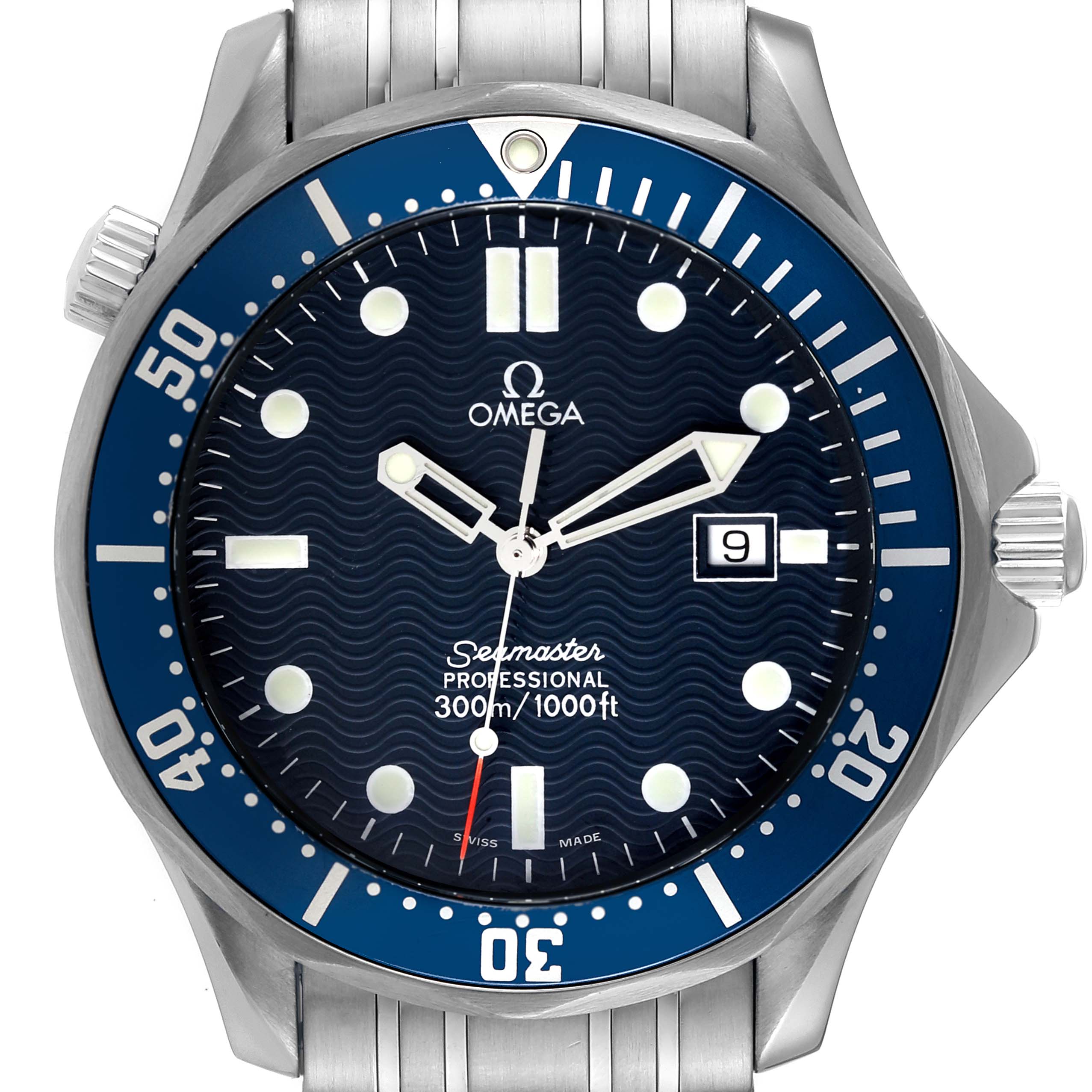 This Omega Seamaster 2541.80.00 Men's Stainless Steel Blue Dial 2541.80.00 Men's Stainless Steel Blue Dial model watch is shown from a front angle, displaying the face, bezel, hands, date window, and part of the bracelet.
