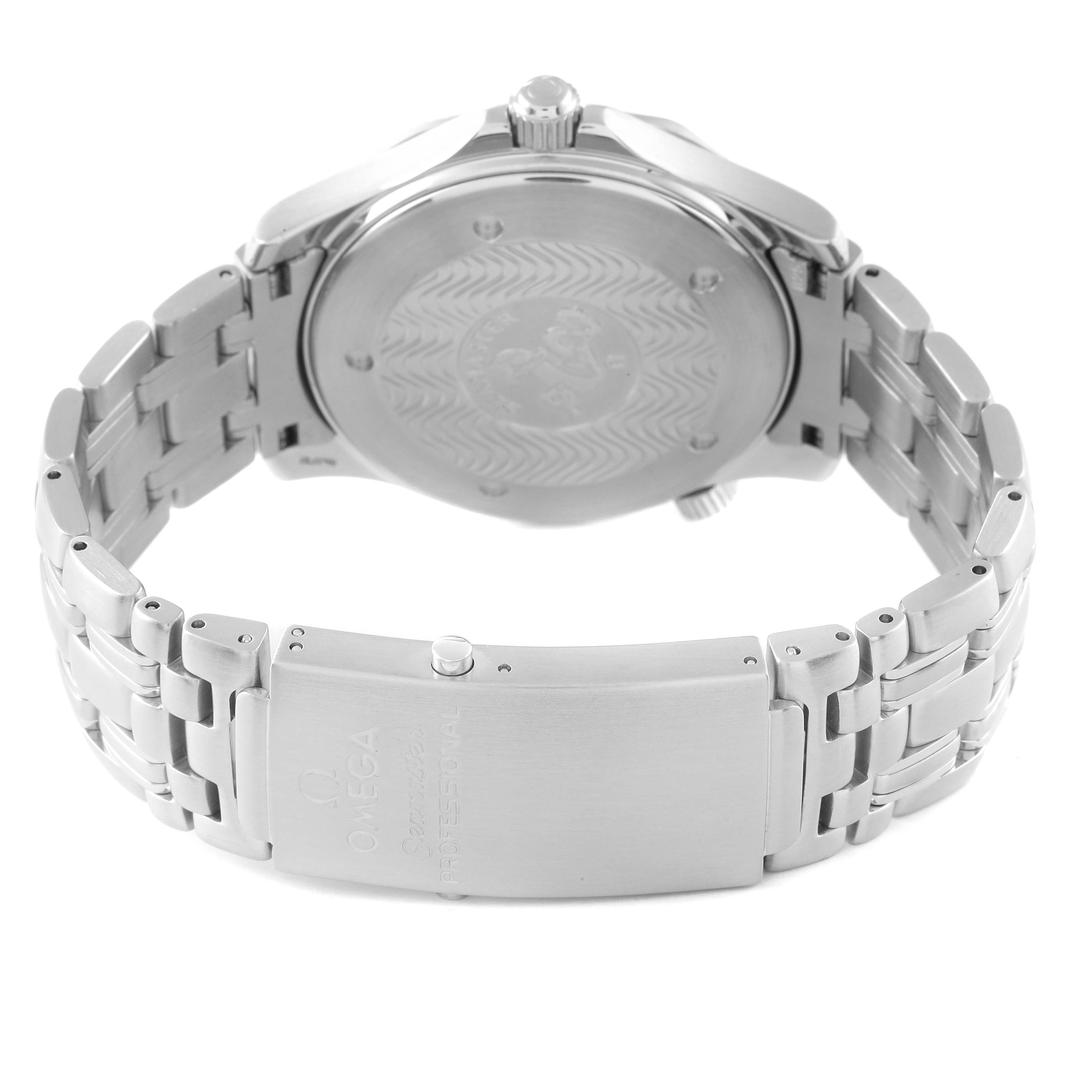 The image shows the back case and bracelet of an Omega Seamaster 2541.80.00 Men's Stainless Steel Blue Dial 2541.80.00 Men's Stainless Steel Blue Dial watch at a rear angle.