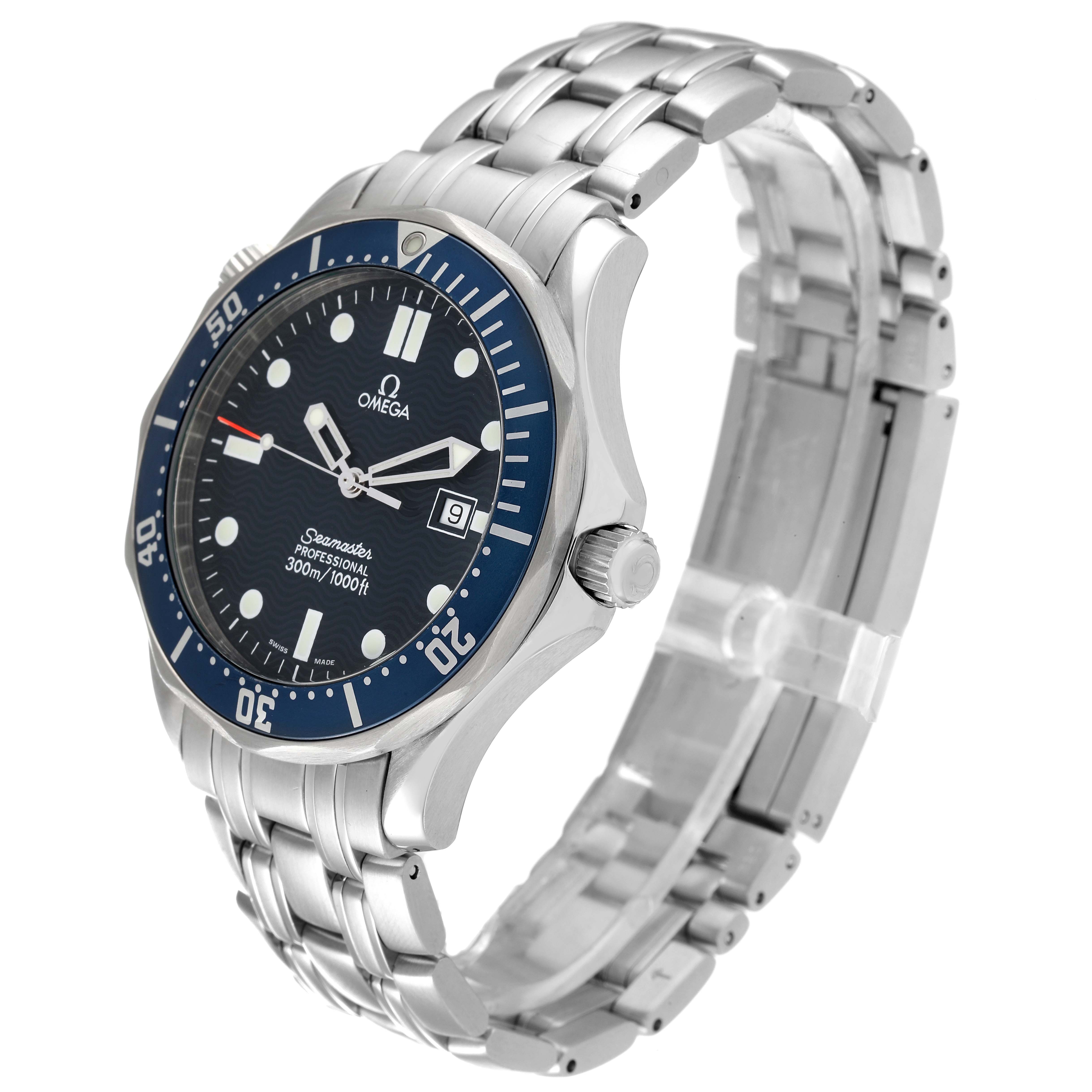 The image shows an Omega Seamaster 2541.80.00 Men's Stainless Steel Blue Dial 2541.80.00 Men's Stainless Steel Blue Dial watch angled to display the dial, bezel, crown, and a portion of the stainless steel bracelet.