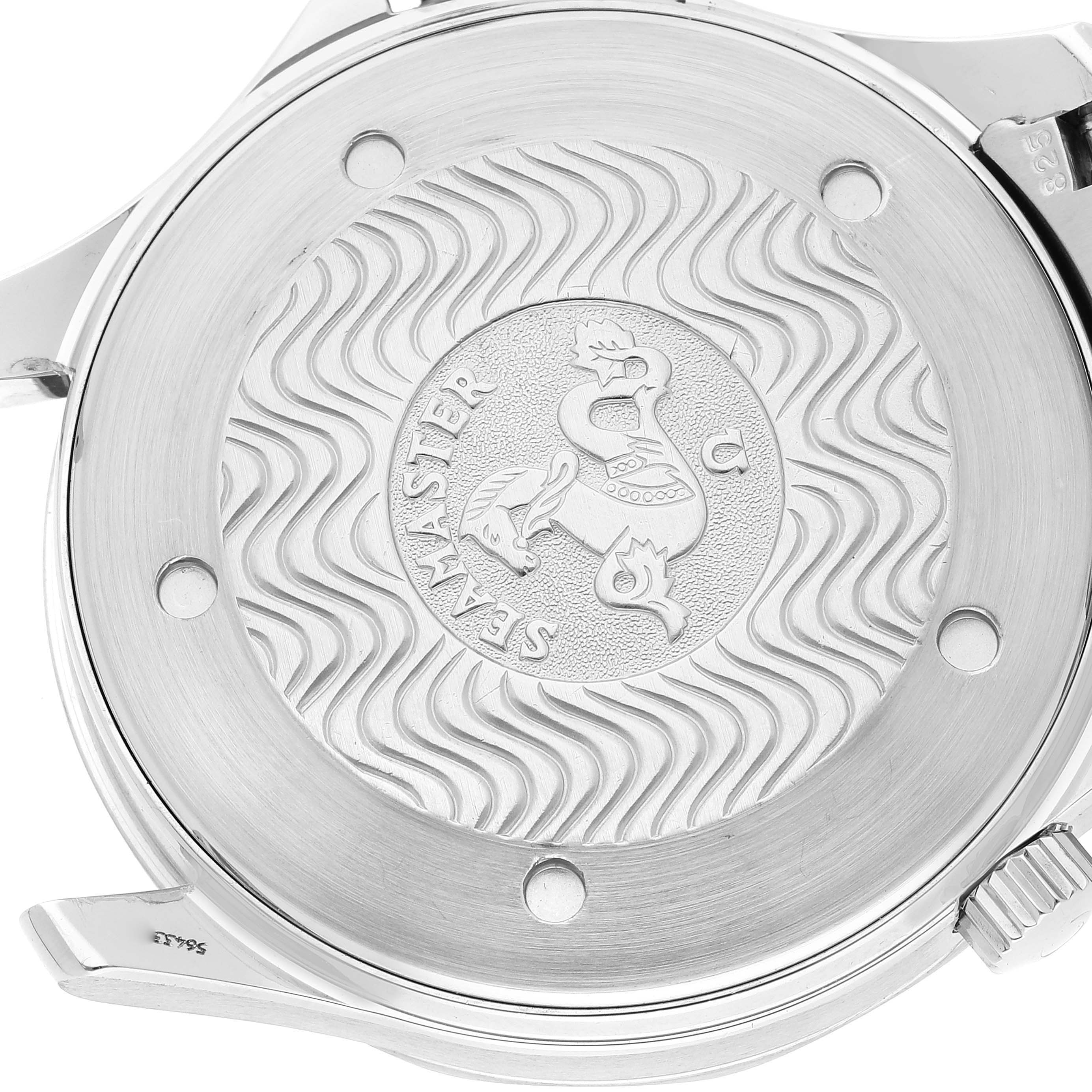 The image shows the back case of the Omega Seamaster 2541.80.00 Men's Stainless Steel Blue Dial 2541.80.00 Men's Stainless Steel Blue Dial watch, featuring its engraved logo and bezel.