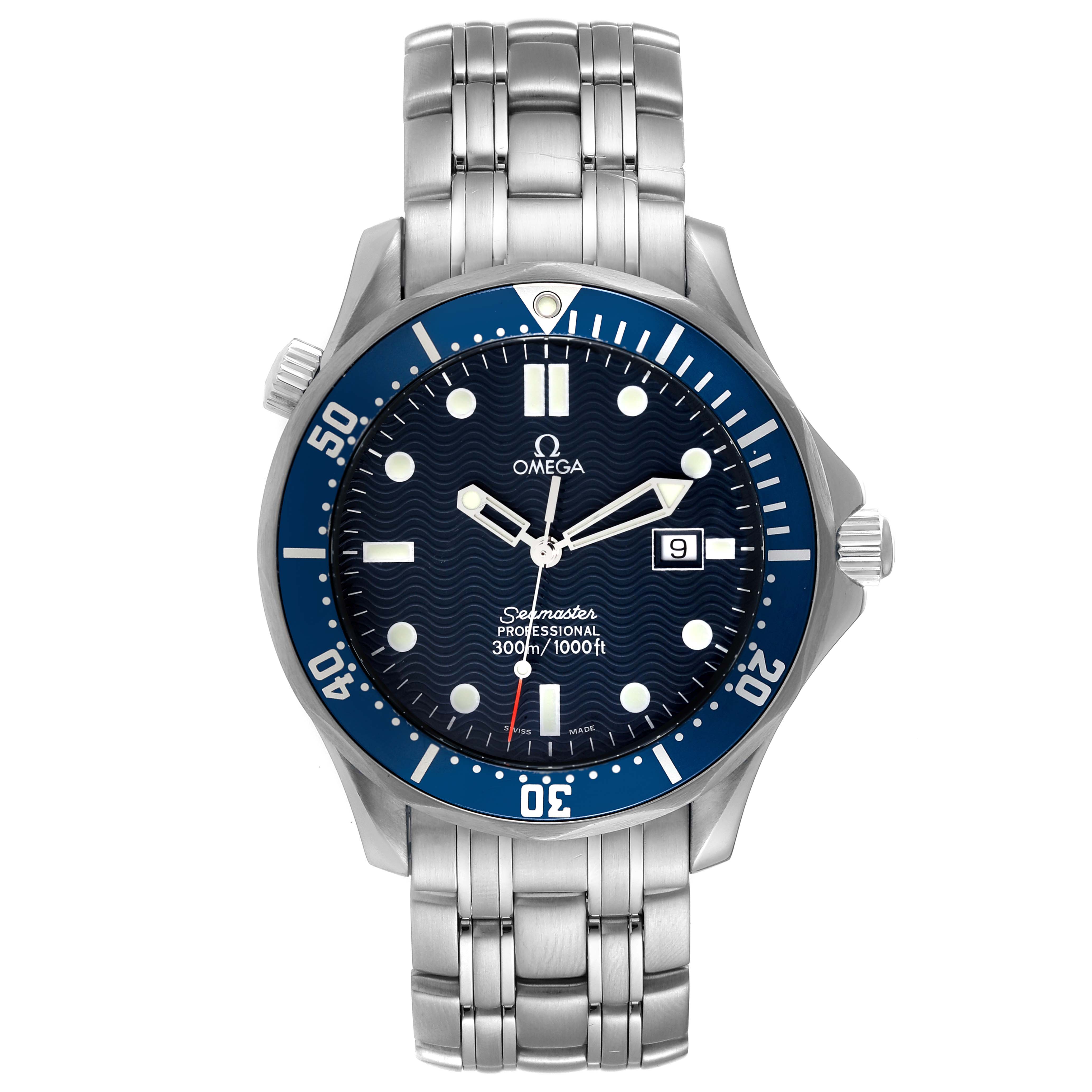 The image shows a front-facing Omega Seamaster 2541.80.00 Men's Stainless Steel Blue Dial 2541.80.00 Men's Stainless Steel Blue Dial watch, displaying its blue bezel, dial, hands, markers, and metal bracelet.