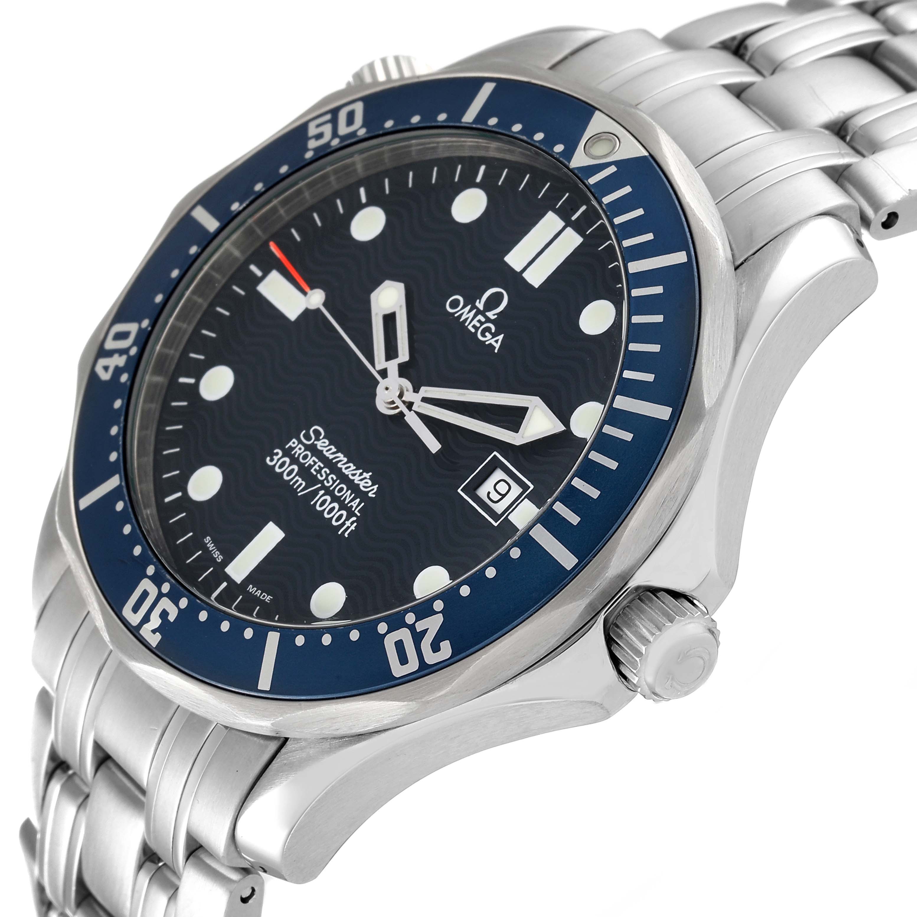 The image shows a side angle of the Omega Seamaster 2541.80.00 Men's Stainless Steel Blue Dial 2541.80.00 Men's Stainless Steel Blue Dial watch, highlighting its bezel, dial, crown, and part of the bracelet.