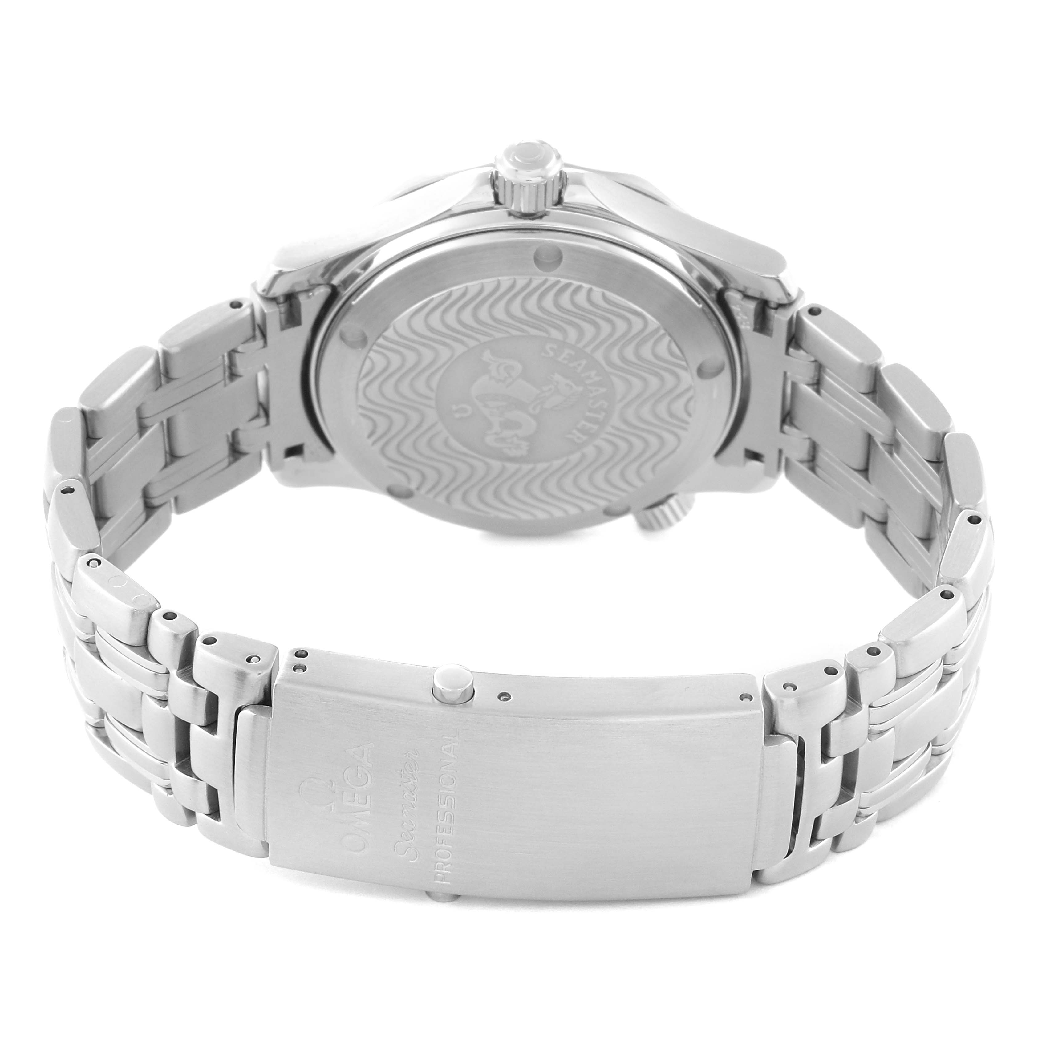 This image shows the back case and clasp of the Omega Seamaster 2551.80.00 Men's Stainless Steel Blue Dial 2551.80.00 Men's Stainless Steel Blue Dial watch from a rear angle.