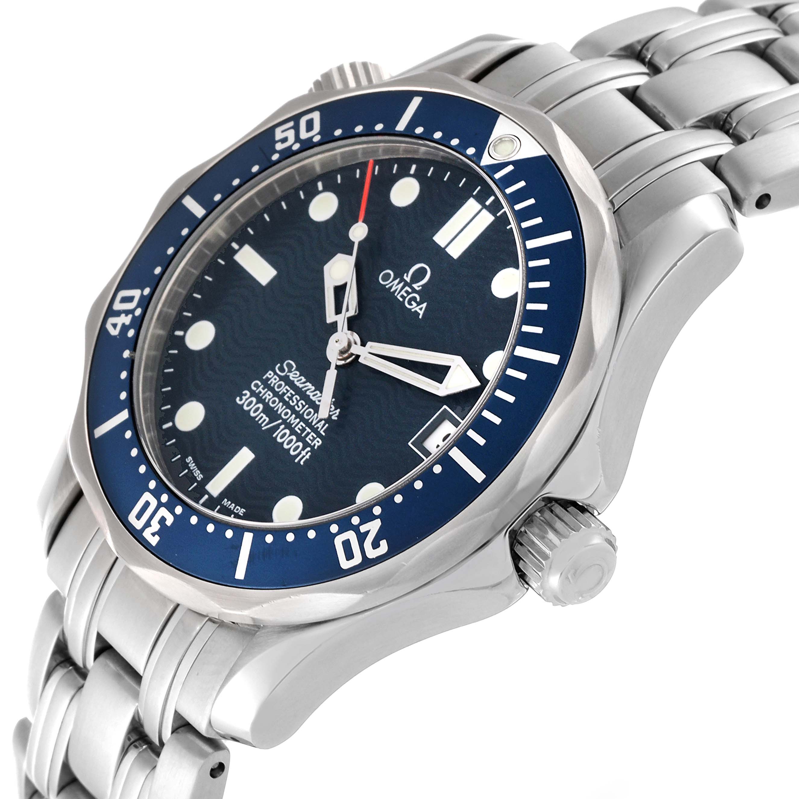 The image shows a side angle of the Omega Seamaster 2551.80.00 Men's Stainless Steel Blue Dial 2551.80.00 Men's Stainless Steel Blue Dial watch, highlighting the dial, bezel, crown, and part of the bracelet.