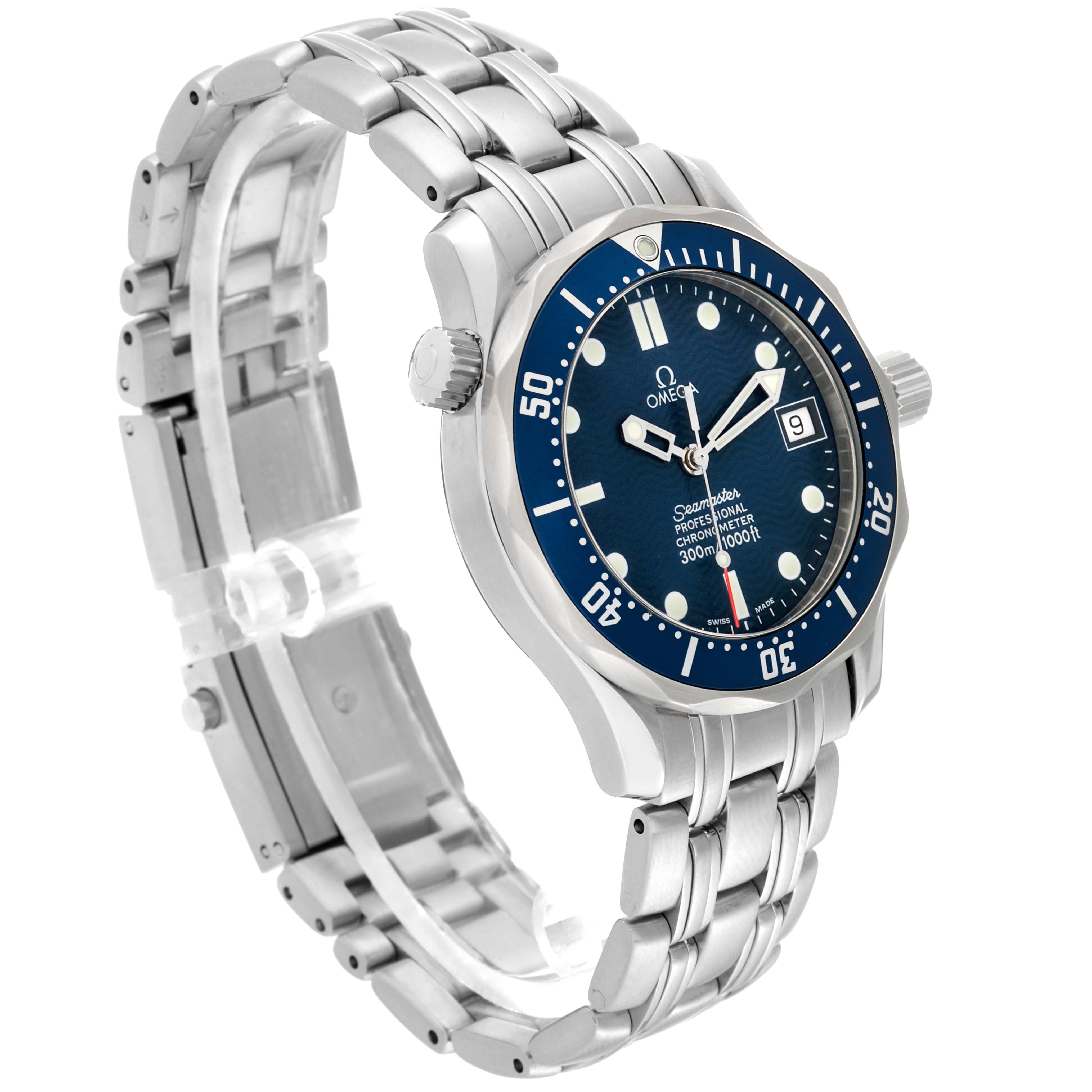 The Omega Seamaster 2551.80.00 Men's Stainless Steel Blue Dial 2551.80.00 Men's Stainless Steel Blue Dial watch is shown at an angled side view, highlighting the bezel, crown, dial, and bracelet.