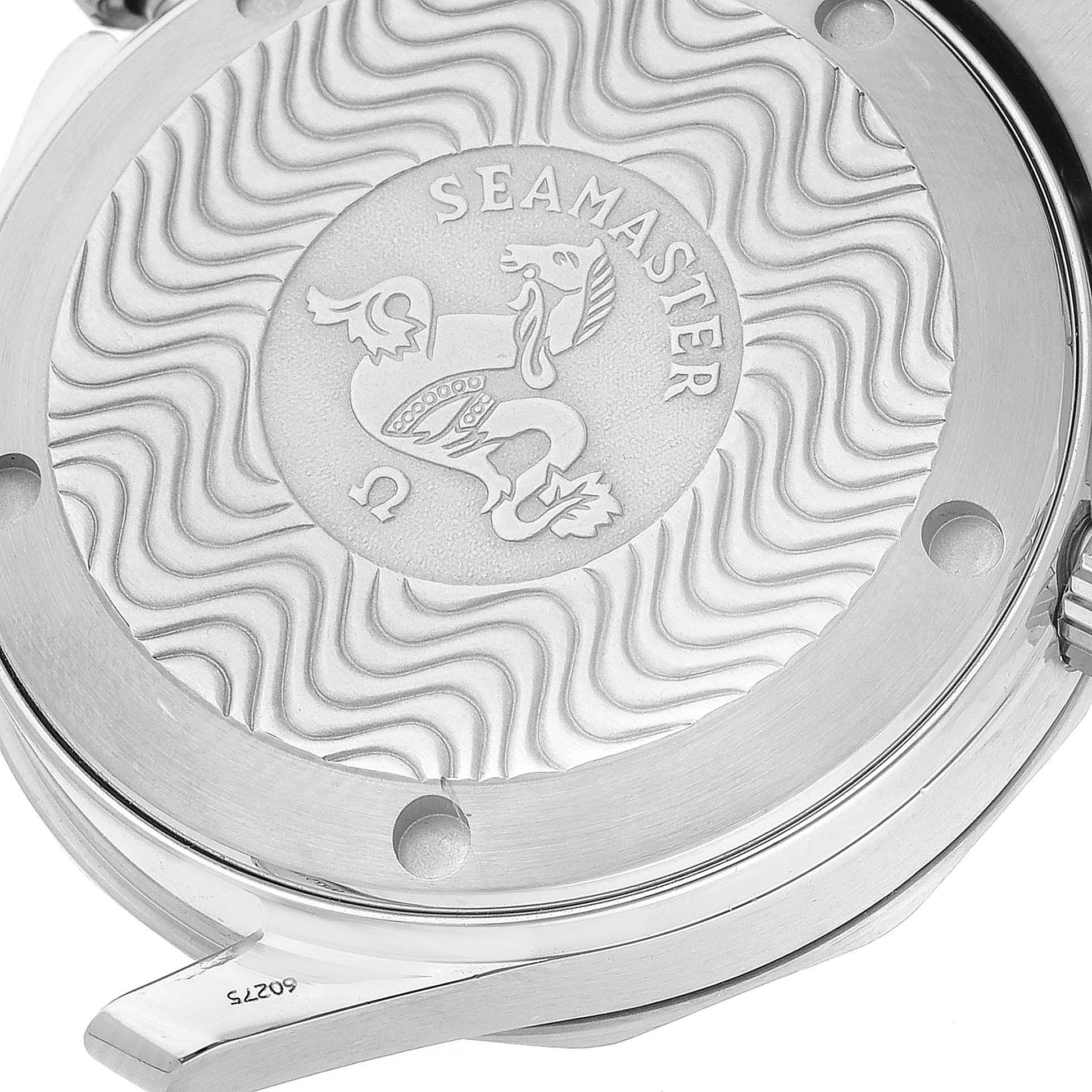 Close-up of the Omega Seamaster 2551.80.00 Men's Stainless Steel Blue Dial 2551.80.00 Men's Stainless Steel Blue Dial's case back, showcasing the engraved design and wave pattern.