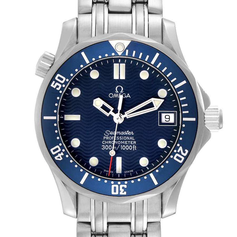 The Omega Seamaster watch is shown from a front angle, highlighting the face, bezel, hands, bracelet, and date window.