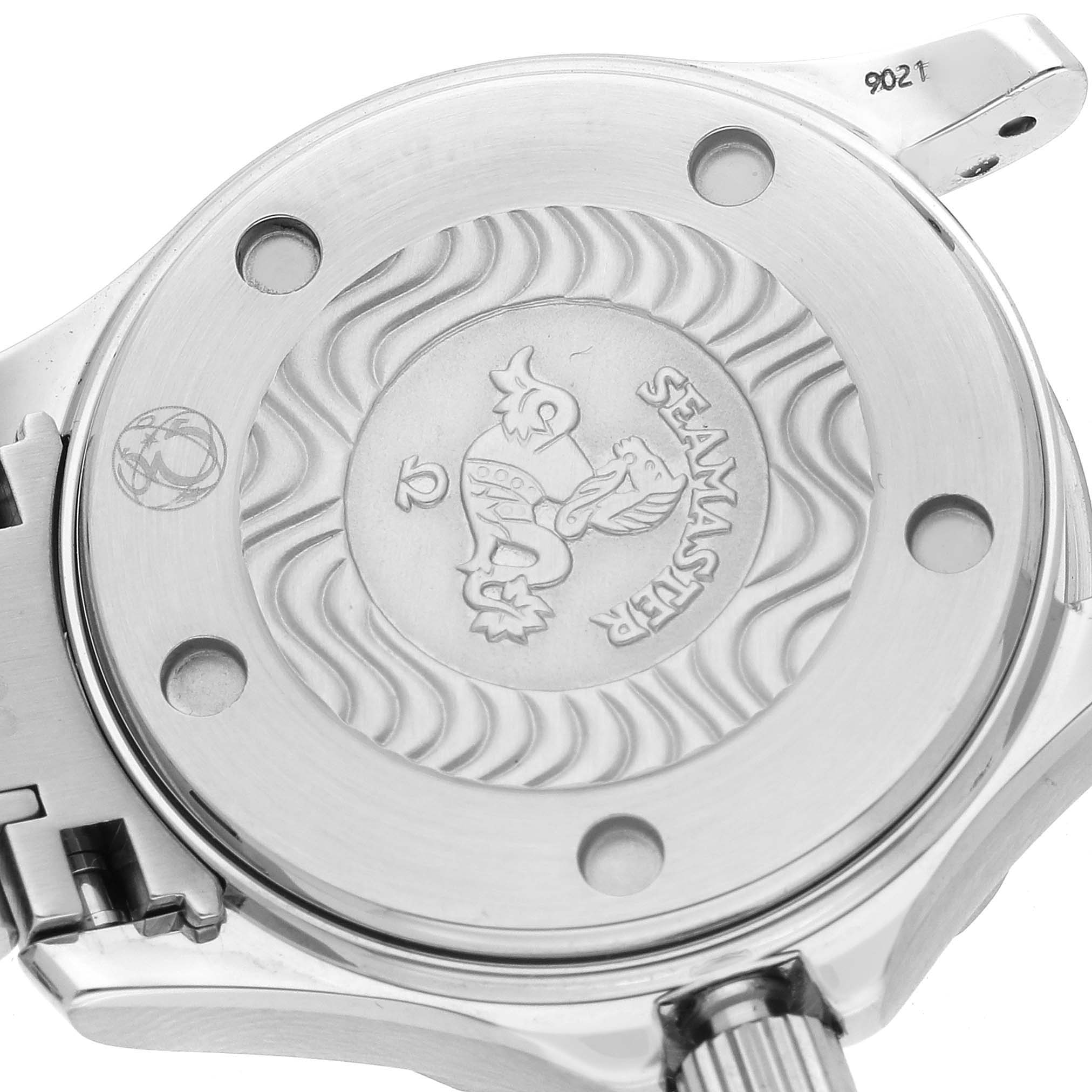 The image shows the case back of the Omega 2282.50.00 Women's Stainless Steel Black Dial 2282.50.00 Women's Stainless Steel Black Dial Seamaster Diver 300M Quartz 29mm Steel Ladies Watch 2282.50.00, featuring engraved designs.