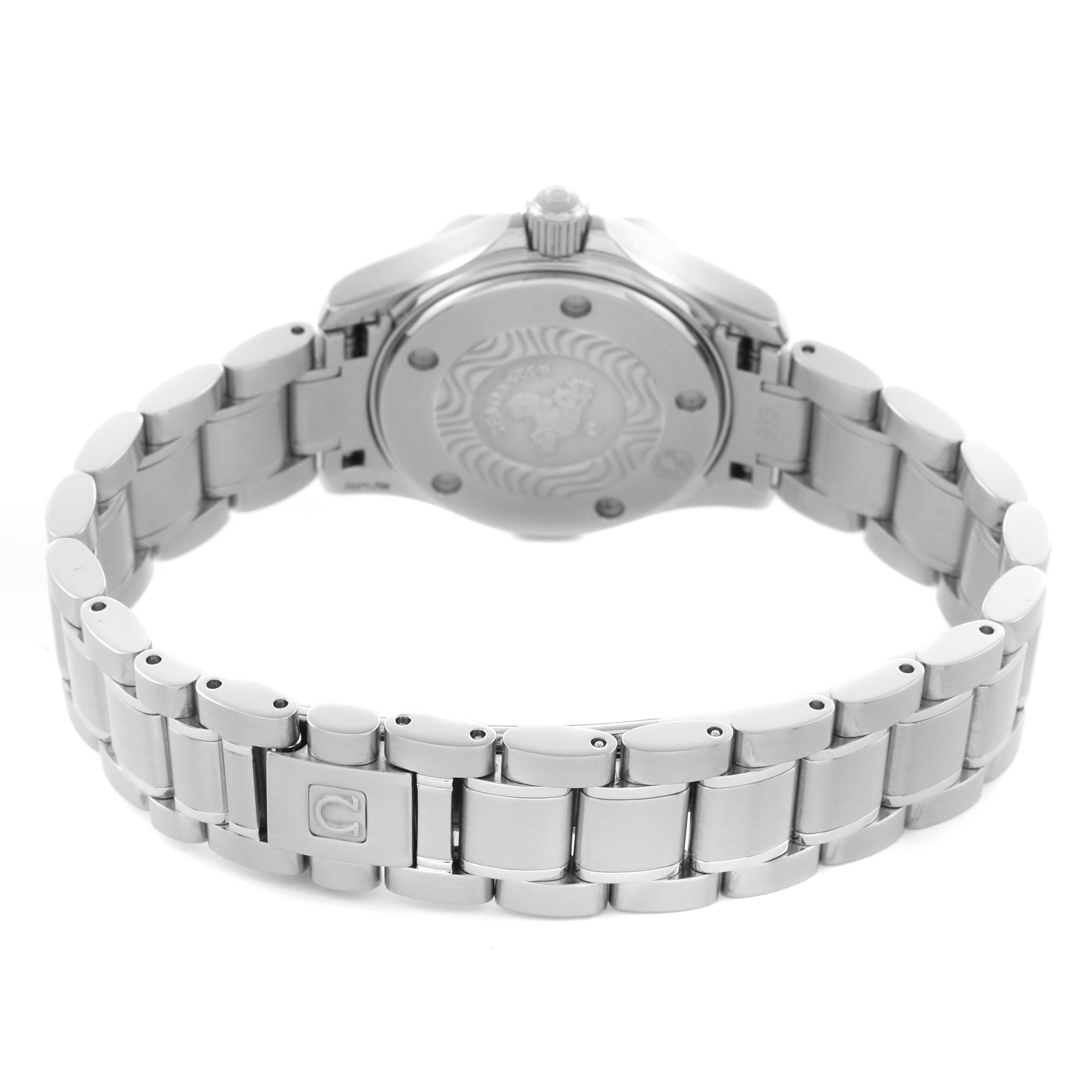 The image shows the back view of the Omega 2282.50.00 Women's Stainless Steel Black Dial 2282.50.00 Women's Stainless Steel Black Dial Seamaster Diver 300M Quartz 29mm Steel Ladies Watch, highlighting the bracelet and case back.