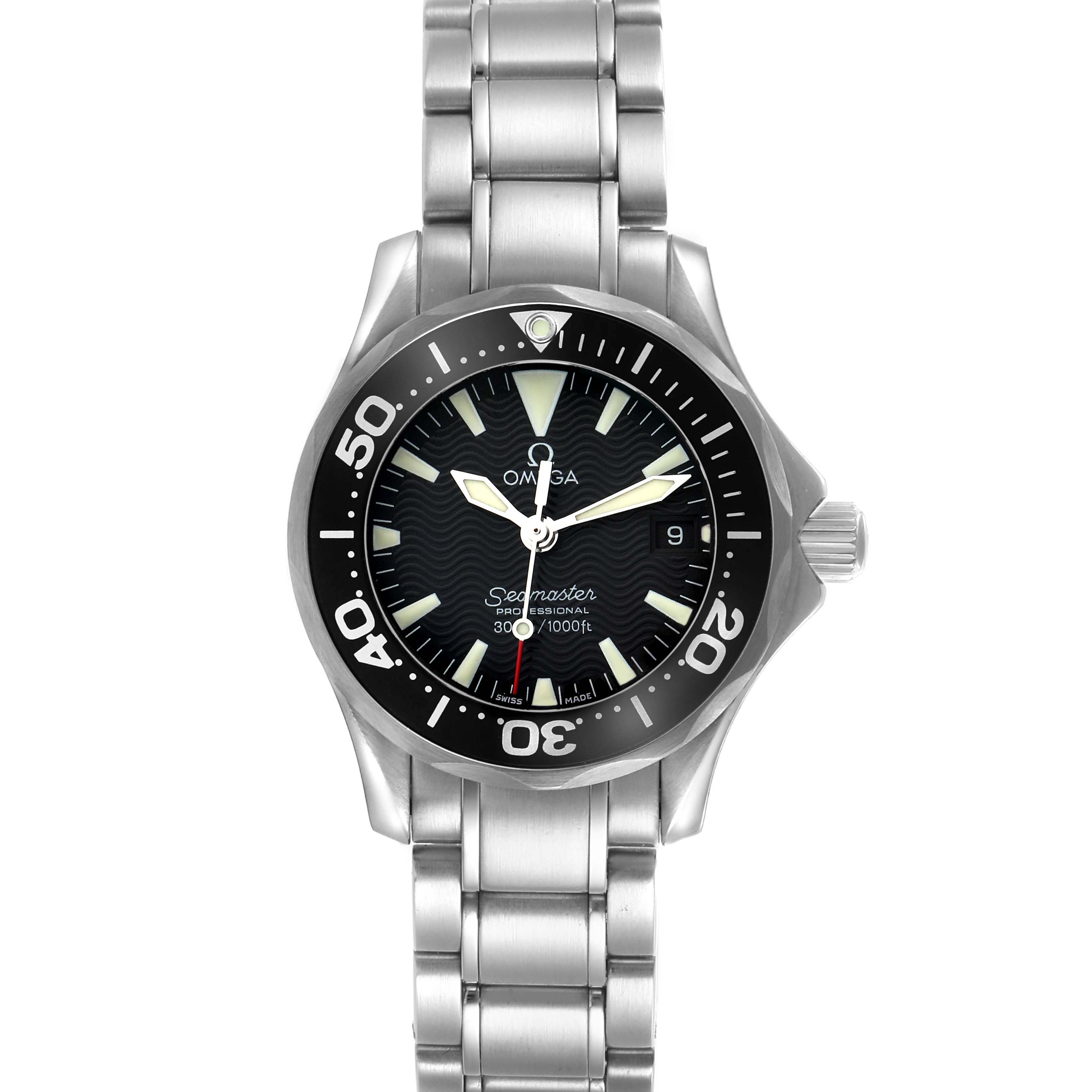 The Omega 2282.50.00 Women's Stainless Steel Black Dial 2282.50.00 Women's Stainless Steel Black Dial Seamaster Diver 300M Quartz 29mm is shown from the front, displaying the dial, bezel, and bracelet.