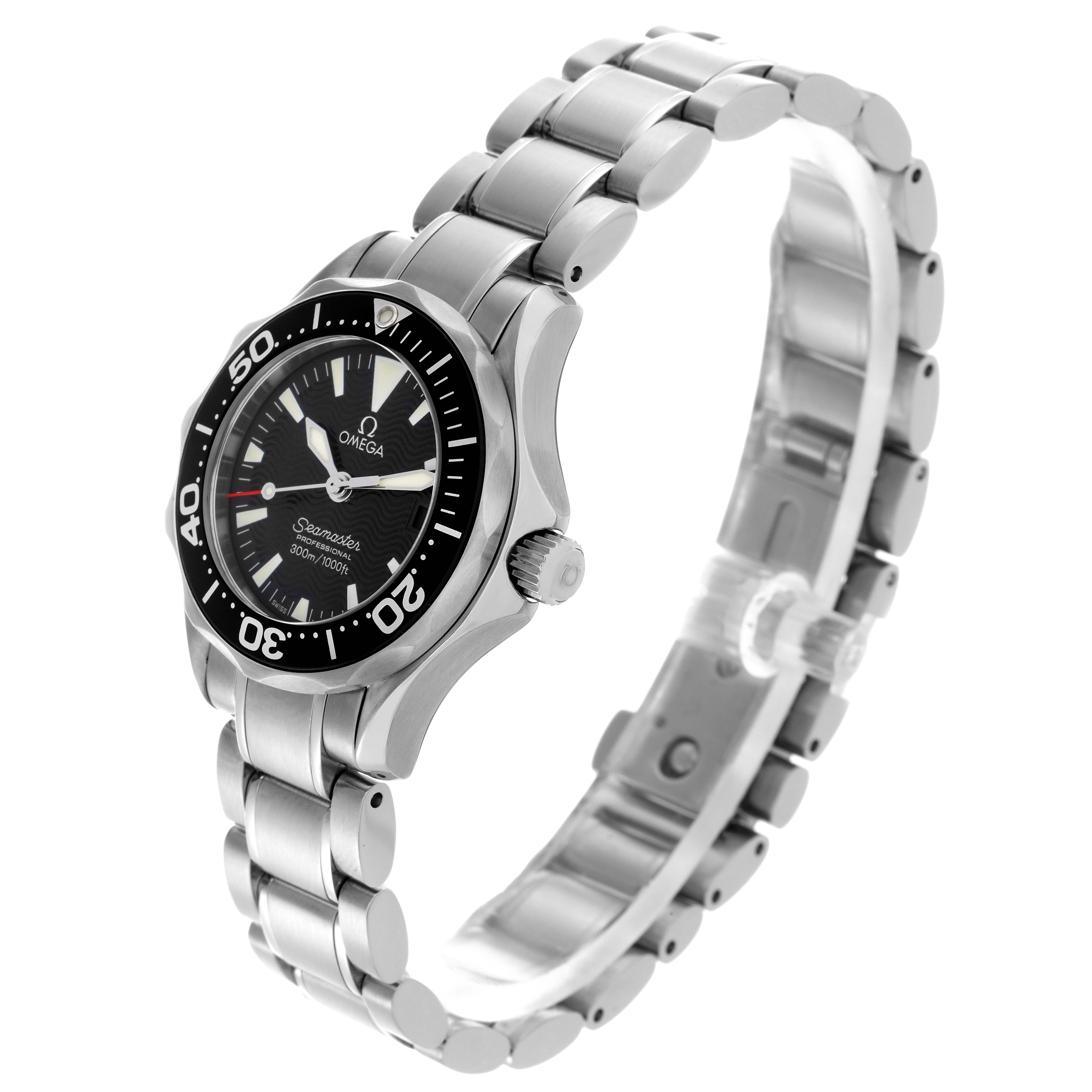 The Omega 2282.50.00 Women's Stainless Steel Black Dial 2282.50.00 Women's Stainless Steel Black Dial Seamaster Diver 300M Quartz 29mm Steel Ladies Watch is shown at an angled side view, depicting its face, bezel, and bracelet.