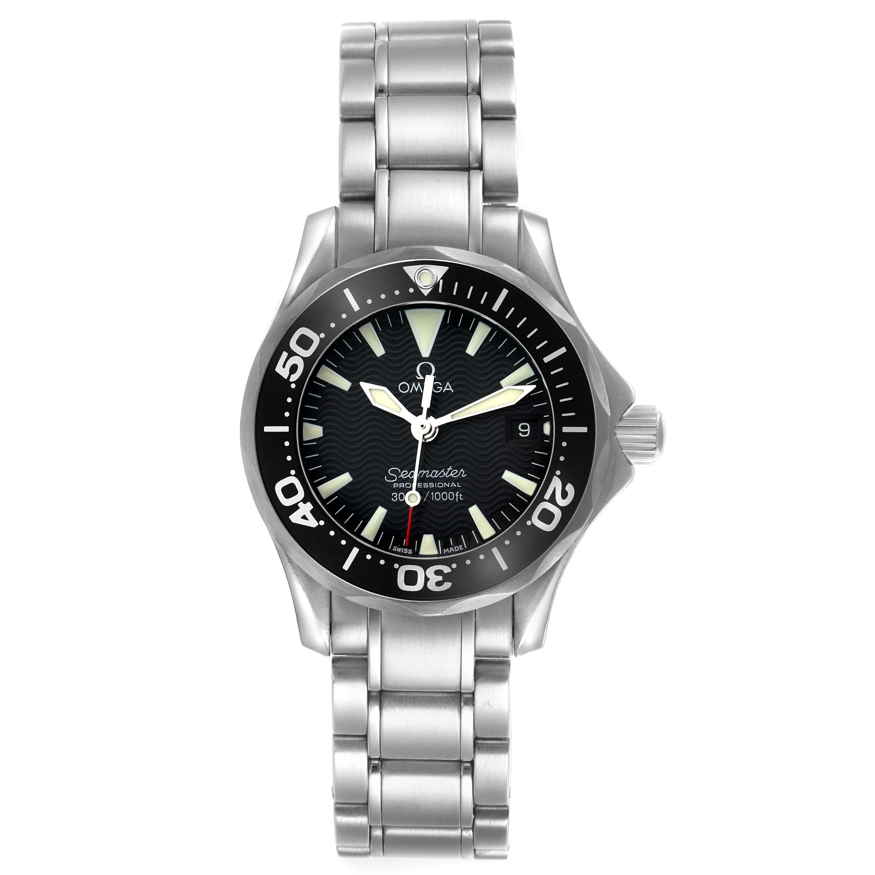 The Omega 2282.50.00 Women's Stainless Steel Black Dial 2282.50.00 Women's Stainless Steel Black Dial Seamaster Diver 300M Quartz 29mm Steel Ladies Watch is shown from a front angle, highlighting the face, bezel, and bracelet.