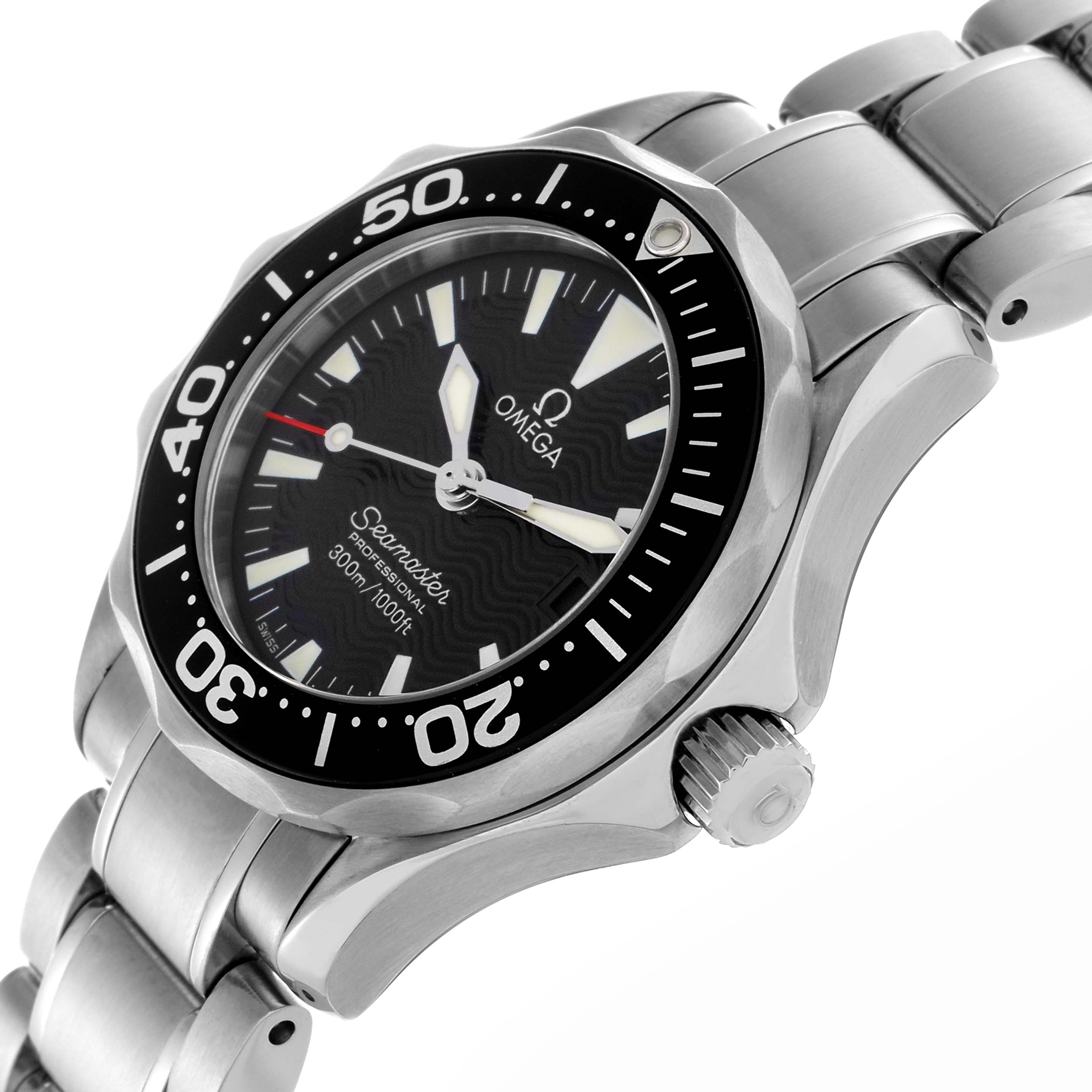 The Omega 2282.50.00 Women's Stainless Steel Black Dial 2282.50.00 Women's Stainless Steel Black Dial Seamaster Diver 300M Quartz 29mm is shown from a side angle, highlighting the bracelet, crown, and bezel details.