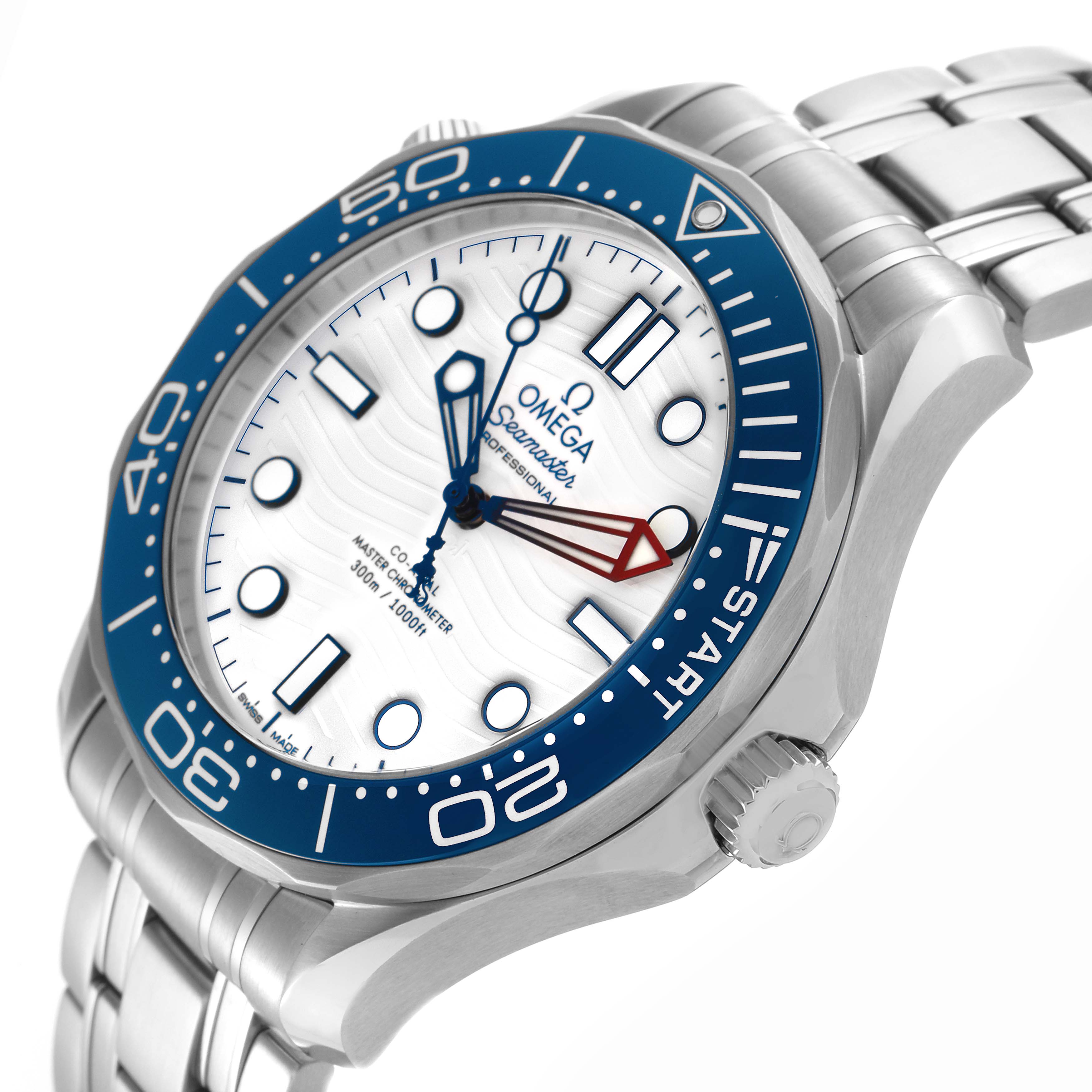 The Omega Seamaster 210.30.42.20.04.002 Men's Stainless Steel White Dial 210.30.42.20.04.002 Men's Stainless Steel White Dial watch is shown from a tilted angle highlighting the face, bezel, crown, and part of the bracelet.