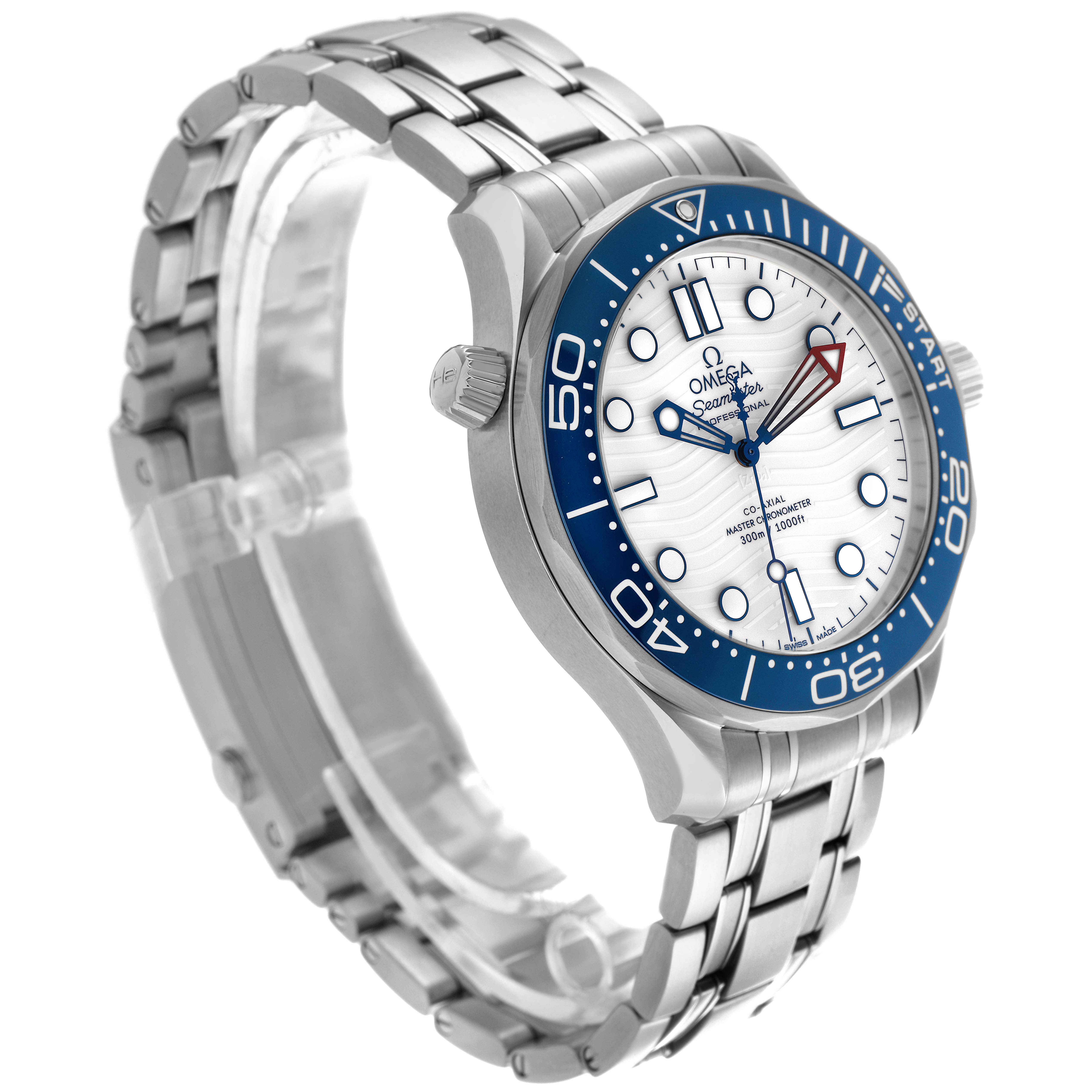 The Omega Seamaster 210.30.42.20.04.002 Men's Stainless Steel White Dial 210.30.42.20.04.002 Men's Stainless Steel White Dial watch is shown at a three-quarter angle, displaying the dial, bezel, crown, and bracelet.