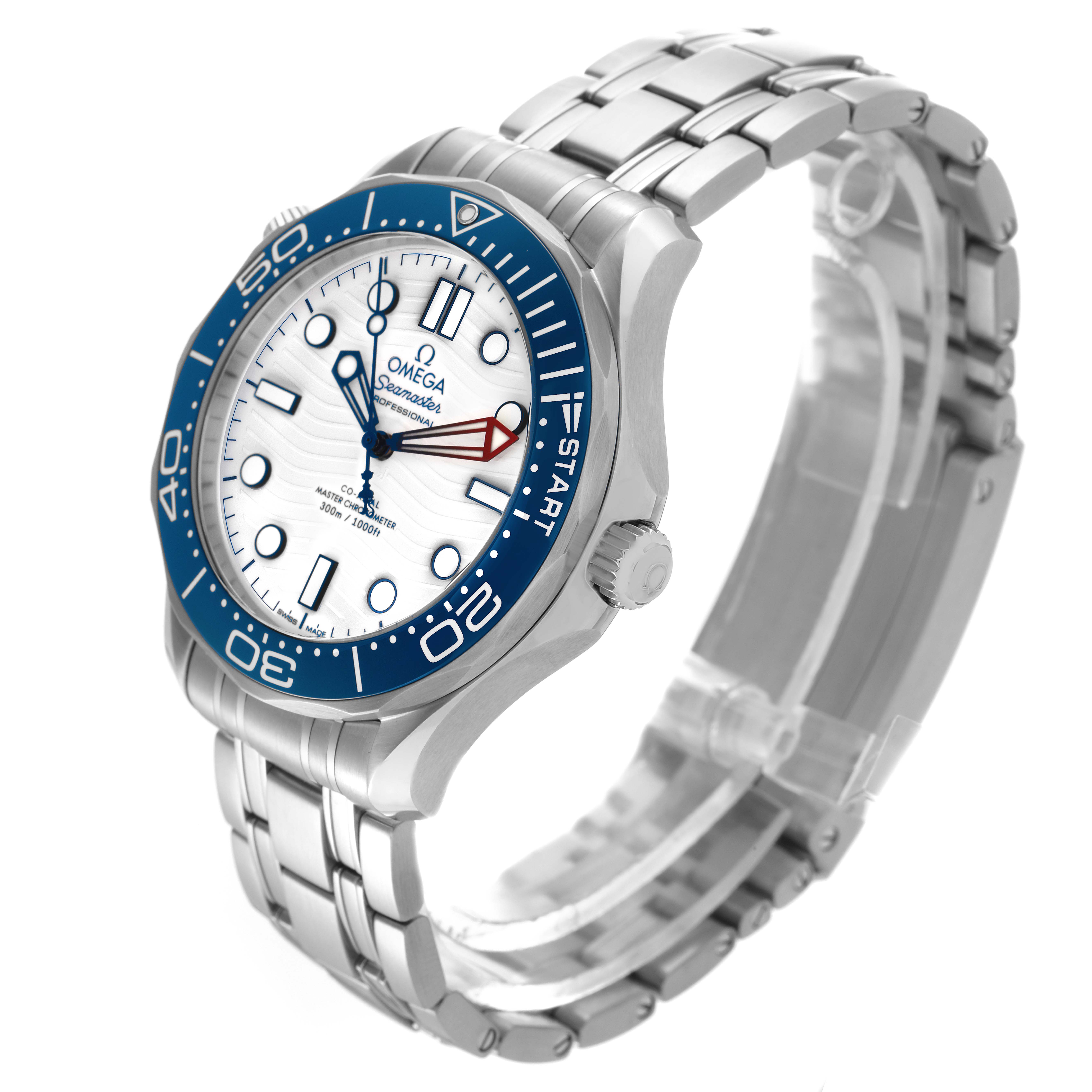 The Omega Seamaster 210.30.42.20.04.002 Men's Stainless Steel White Dial 210.30.42.20.04.002 Men's Stainless Steel White Dial watch is shown at an angled view, highlighting the bezel, dial, crown, and metal bracelet.