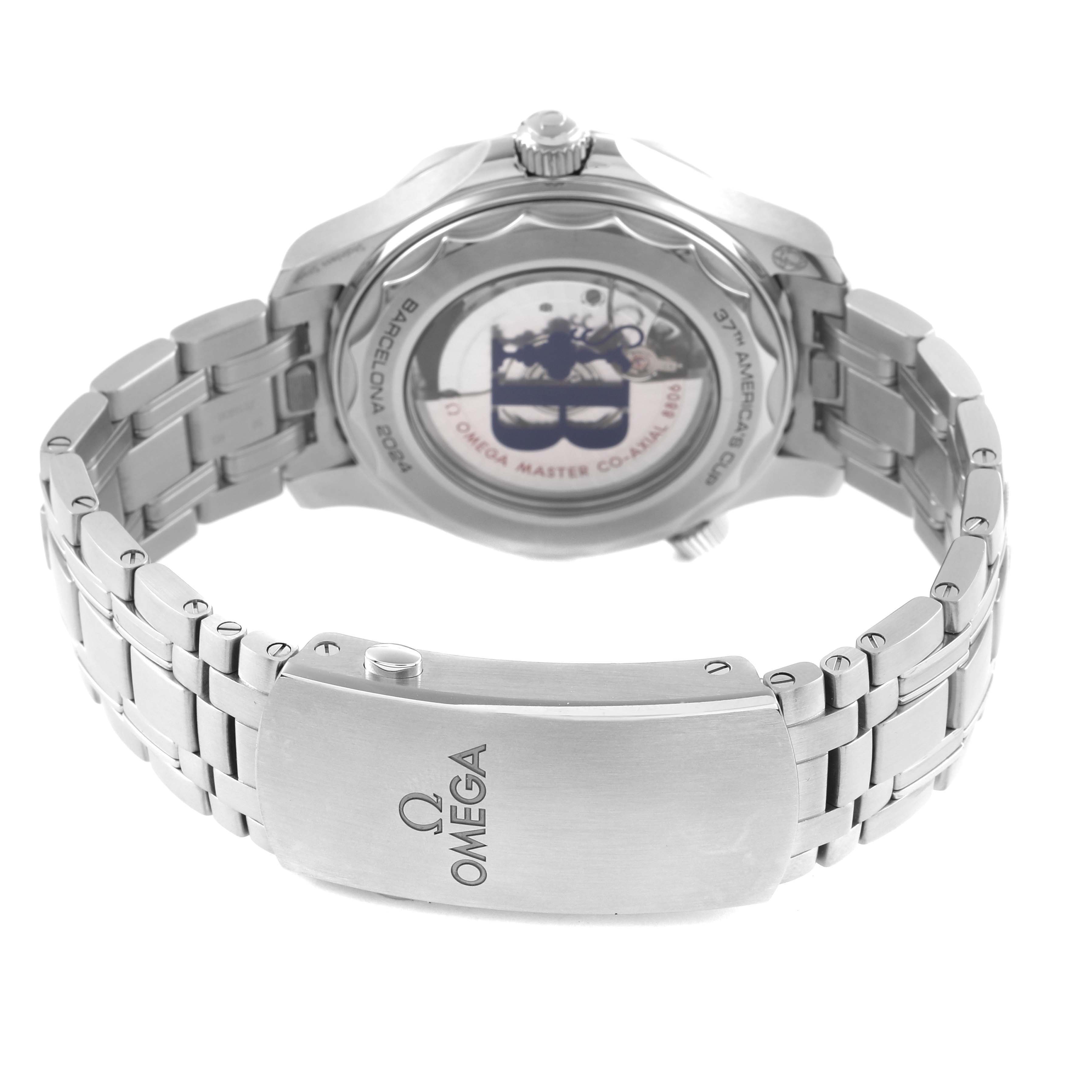 The image shows the back and bracelet of the Omega Seamaster 210.30.42.20.04.002 Men's Stainless Steel White Dial 210.30.42.20.04.002 Men's Stainless Steel White Dial, featuring the case back and clasp with the Omega logo.