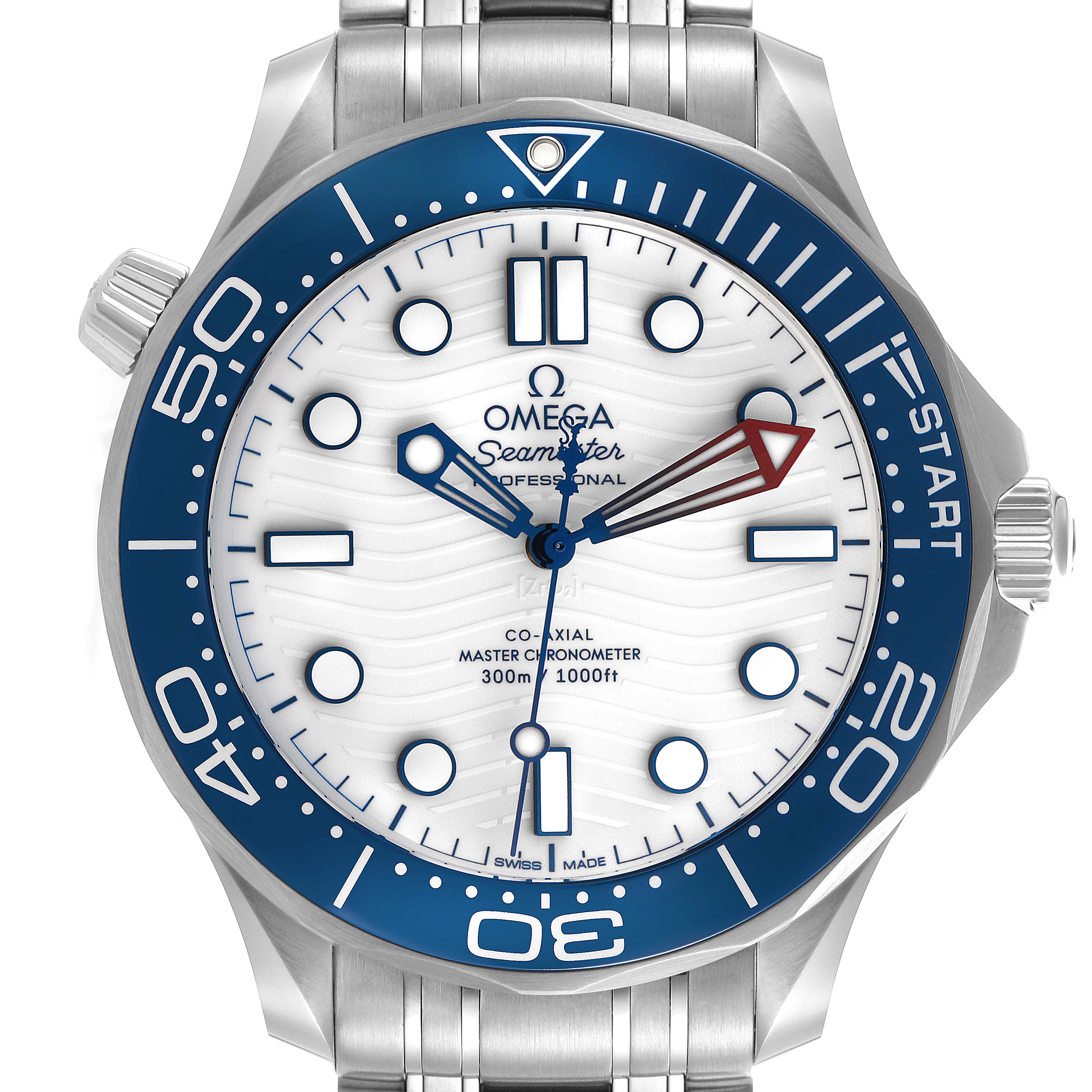 The image shows a front view of the Omega Seamaster 210.30.42.20.04.002 Men's Stainless Steel White Dial 210.30.42.20.04.002 Men's Stainless Steel White Dial watch, highlighting the dial, bezel, and bracelet.